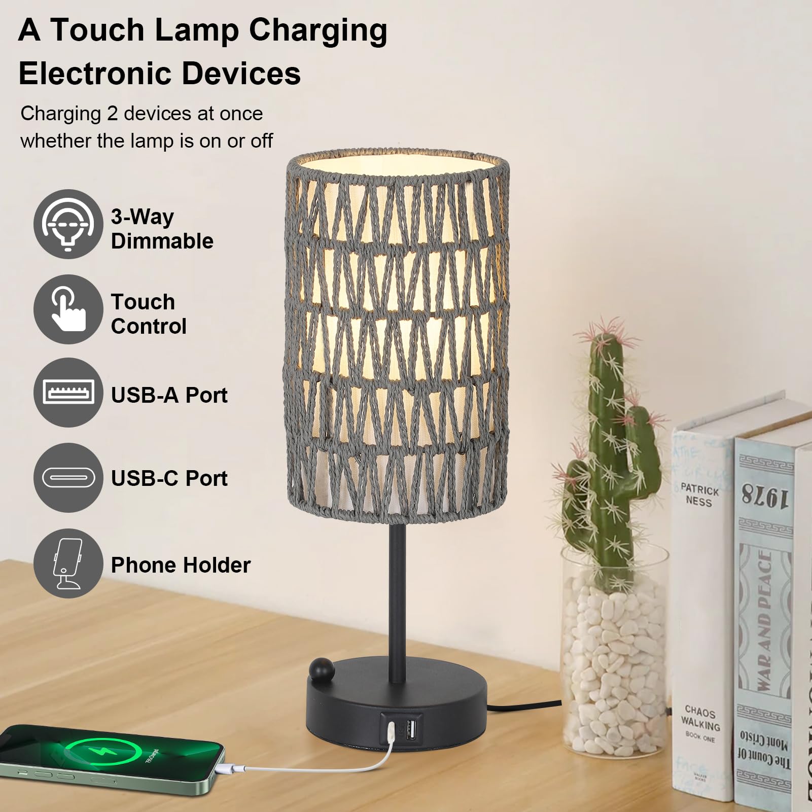 Touch Bedside Lamp For Bedroom With Bulb, Grey Boho Small Table Lamp For Living Room With Rattan & Linen Shade, 3 Way Dimmable T