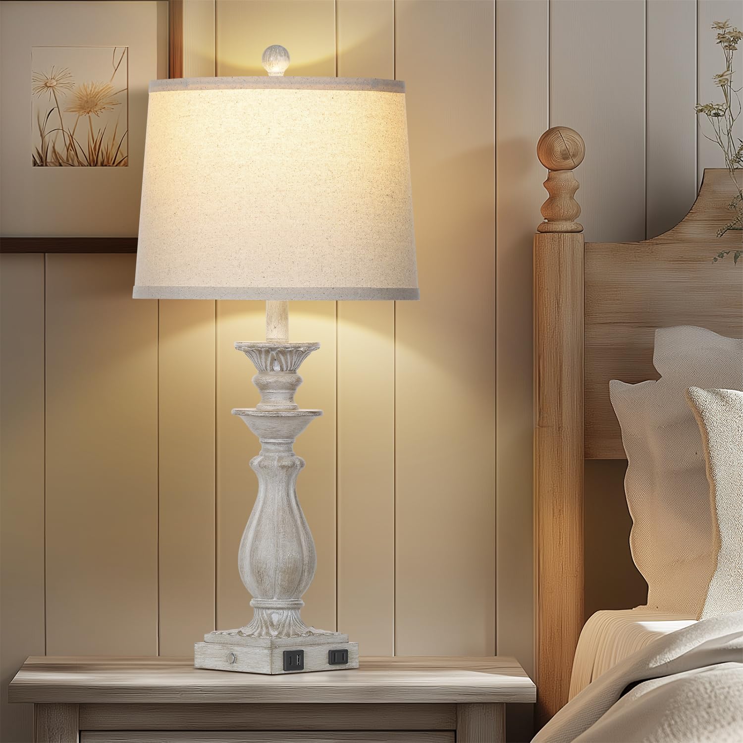 Rinweey 28" Farmhouse Table Lamps Set of 2, 3-Way Dimmable Touch, USB Ports, Gray Resin Nightstand Lamps