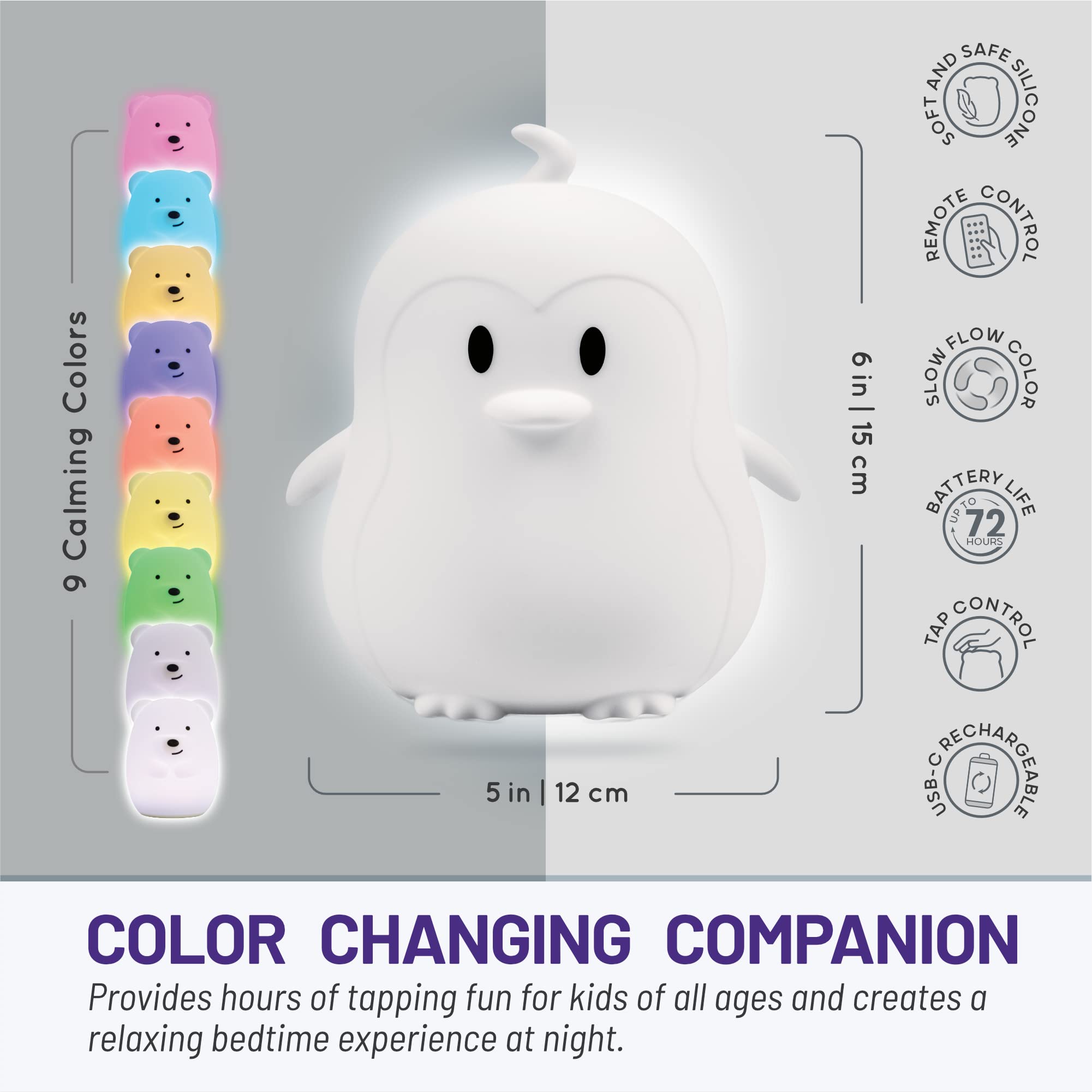 Lumipets Penguin Night Light, Color Changing, USB Charging, Remote Control, Silicone Rubber, Multicolor, Model LumiPets21