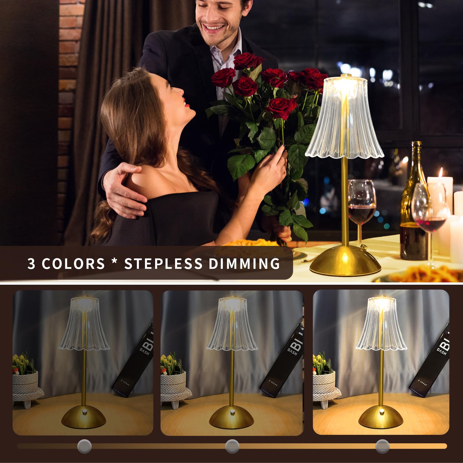 1Pack Crystal Table Lamp Cordless Small Light, [2000Mah]Rechargeable Led Diamond Table Lamps With 3 Color Changing Light, [Non-Y