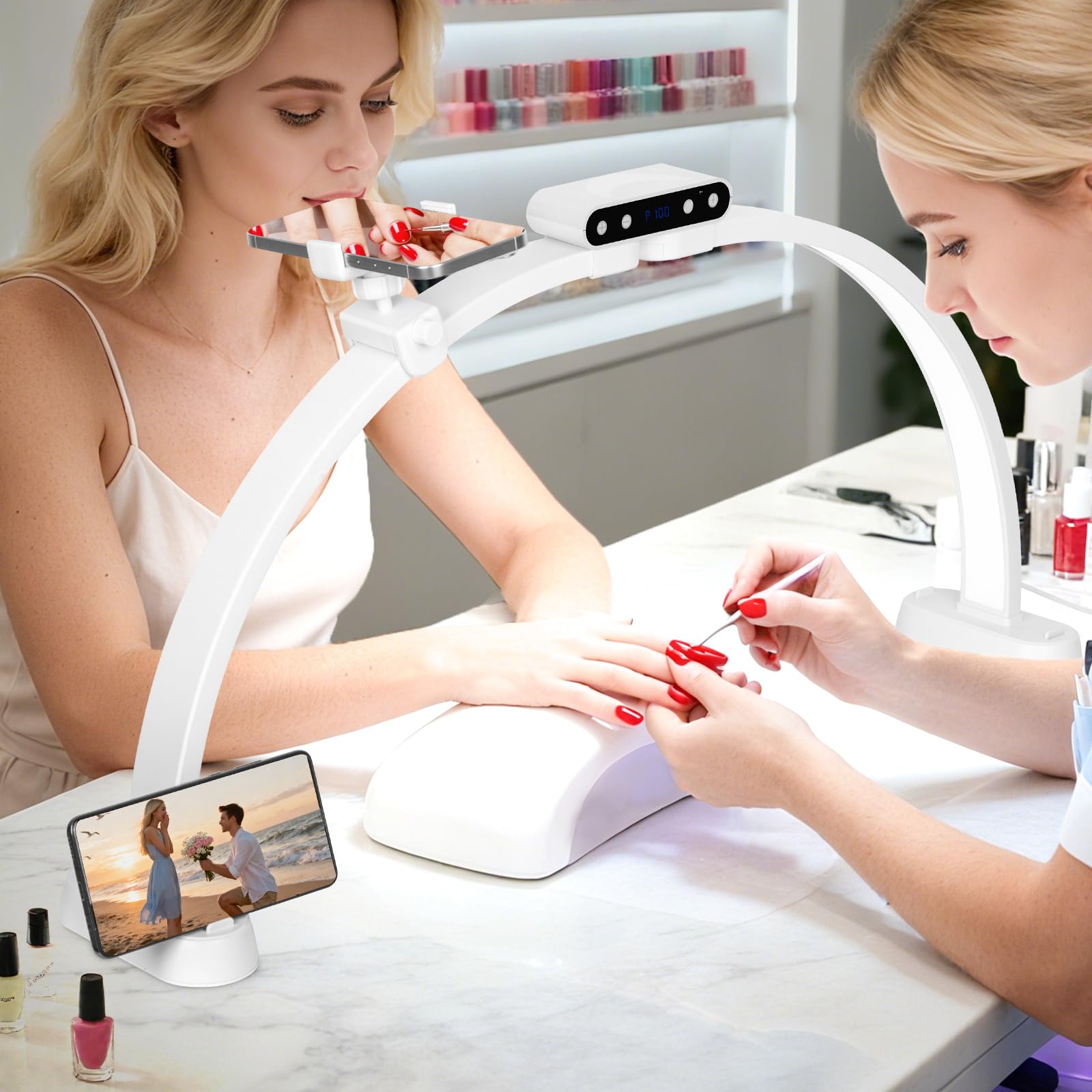 KIRKAS 29inch Large Half Moon Light for Nail Tech, 456 LEDs 3 Color Modes Infinitely Knob Arch Nail Light with Screen and Phone 