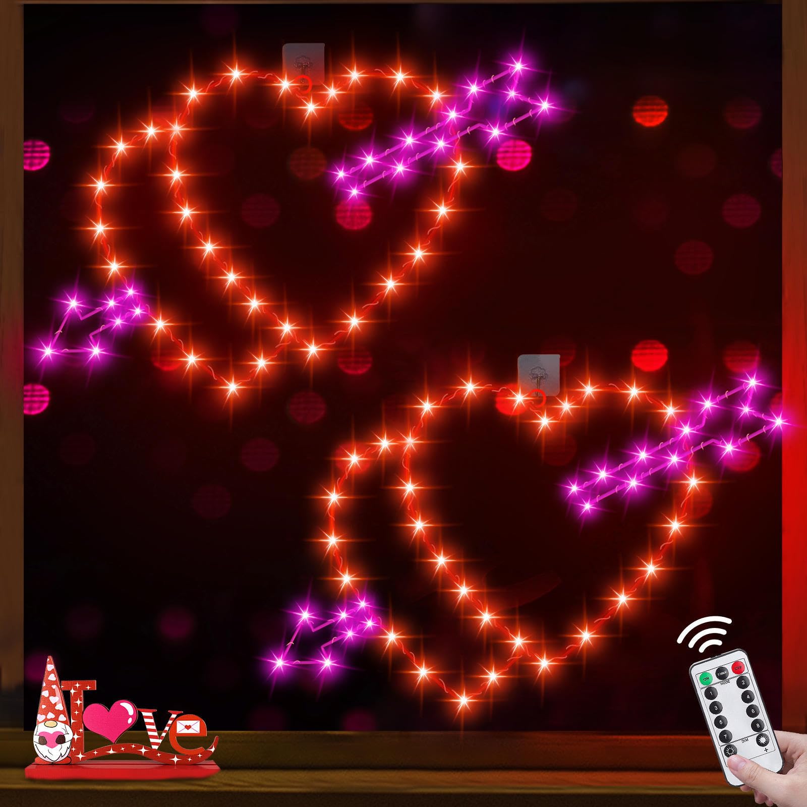 [Large Size & Remote Control] 2 Pack Valentines Day Decorations 12 Inch Windows Lights 88 LED Red & Pink Cupids Arrow Hearts Li
