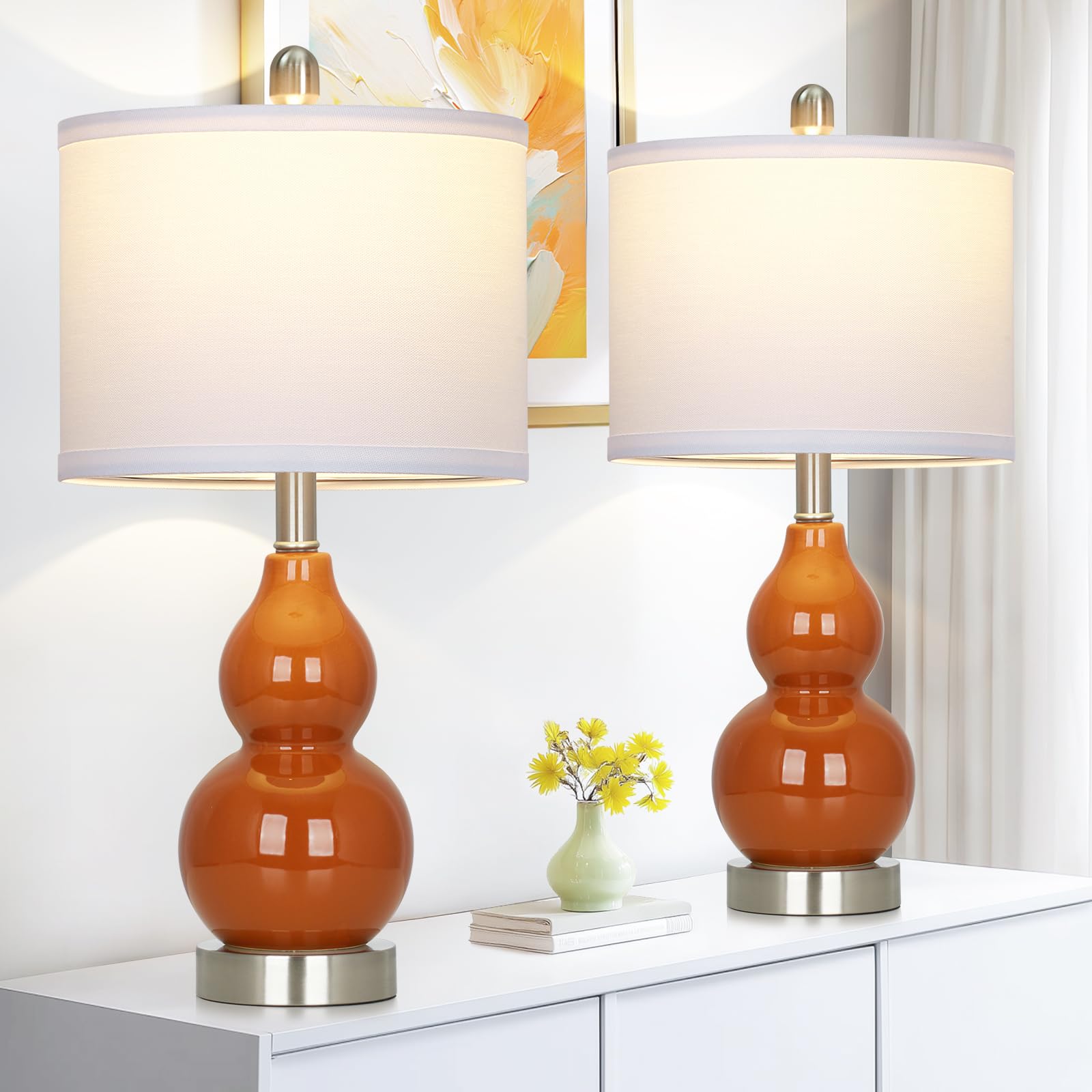 Rinweey Double Gourd Ceramic Table Lamps Set of 2, Large Red Nightstand Lamps, Bulb Included