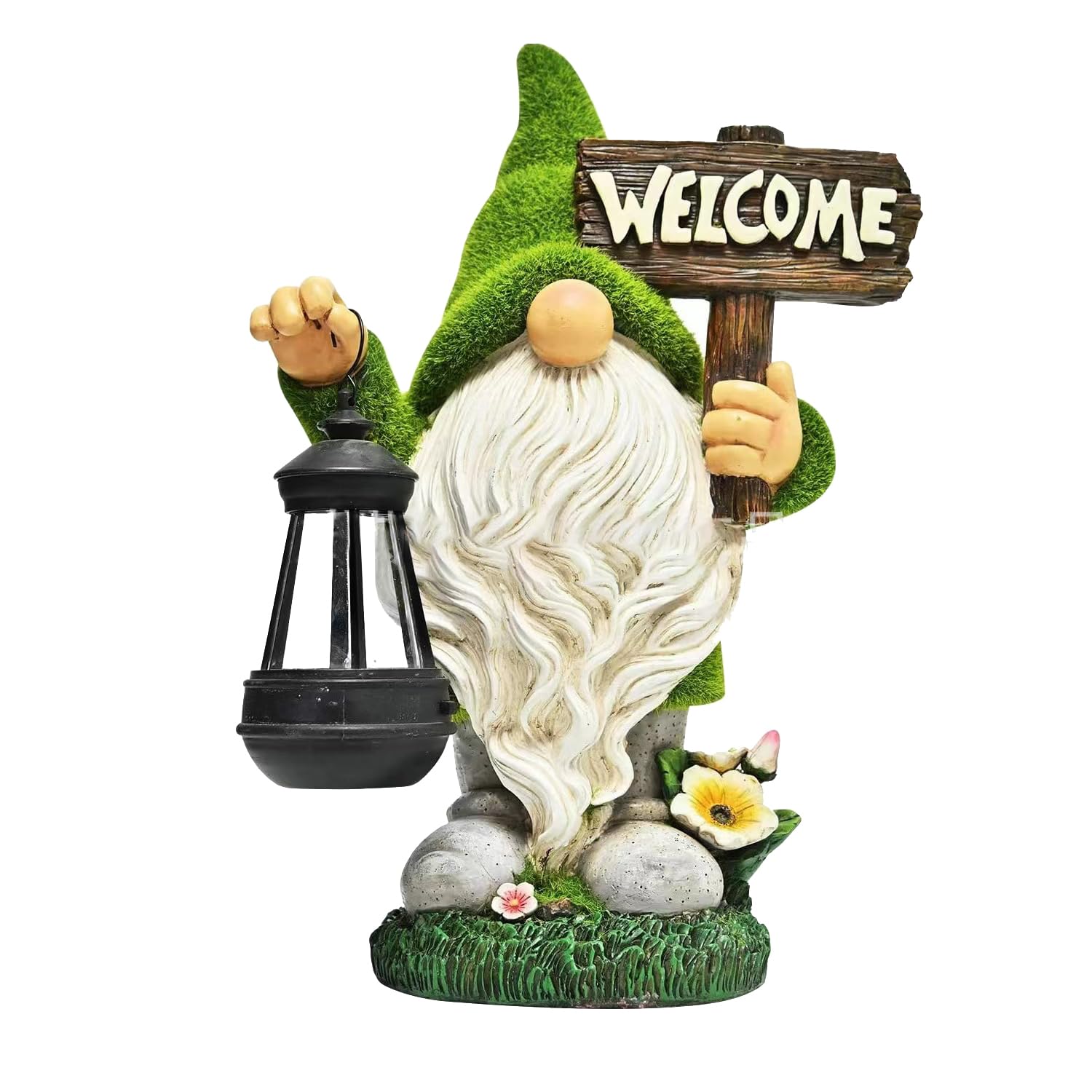 Meagkka Garden Gnome Statue Outdoor Decor Large Flocked Resin Gnome Figurine with Solar Light Holding Lantern Welcome Sign Garde