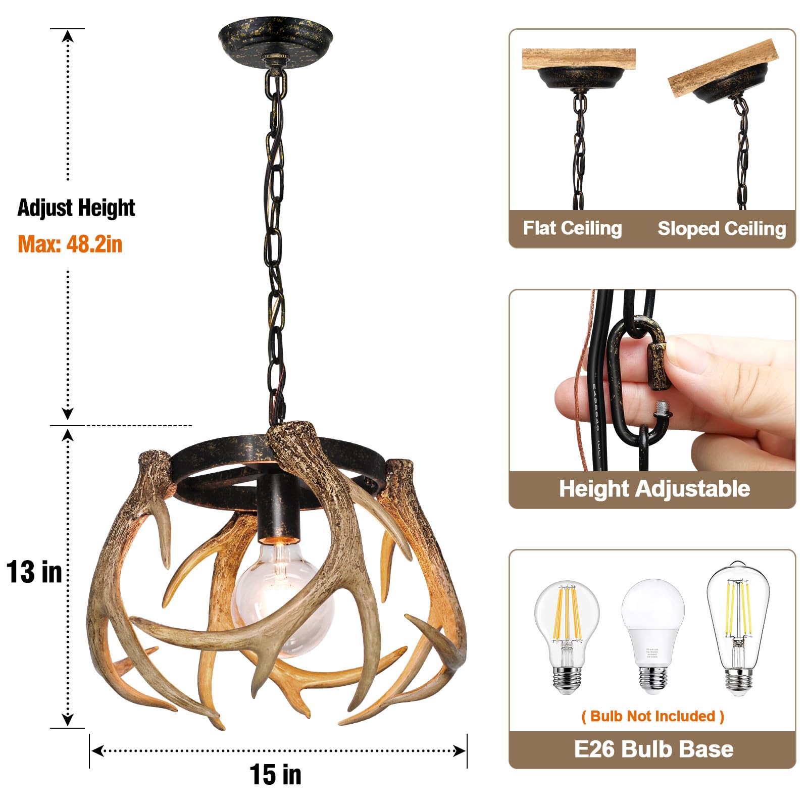 Debemenes Rustic Antler Chandelier, 4 Antlers Adjustable Height, Vintage Metal Wagon Wheel Design for Dining Room, Kitchen, Hallway
