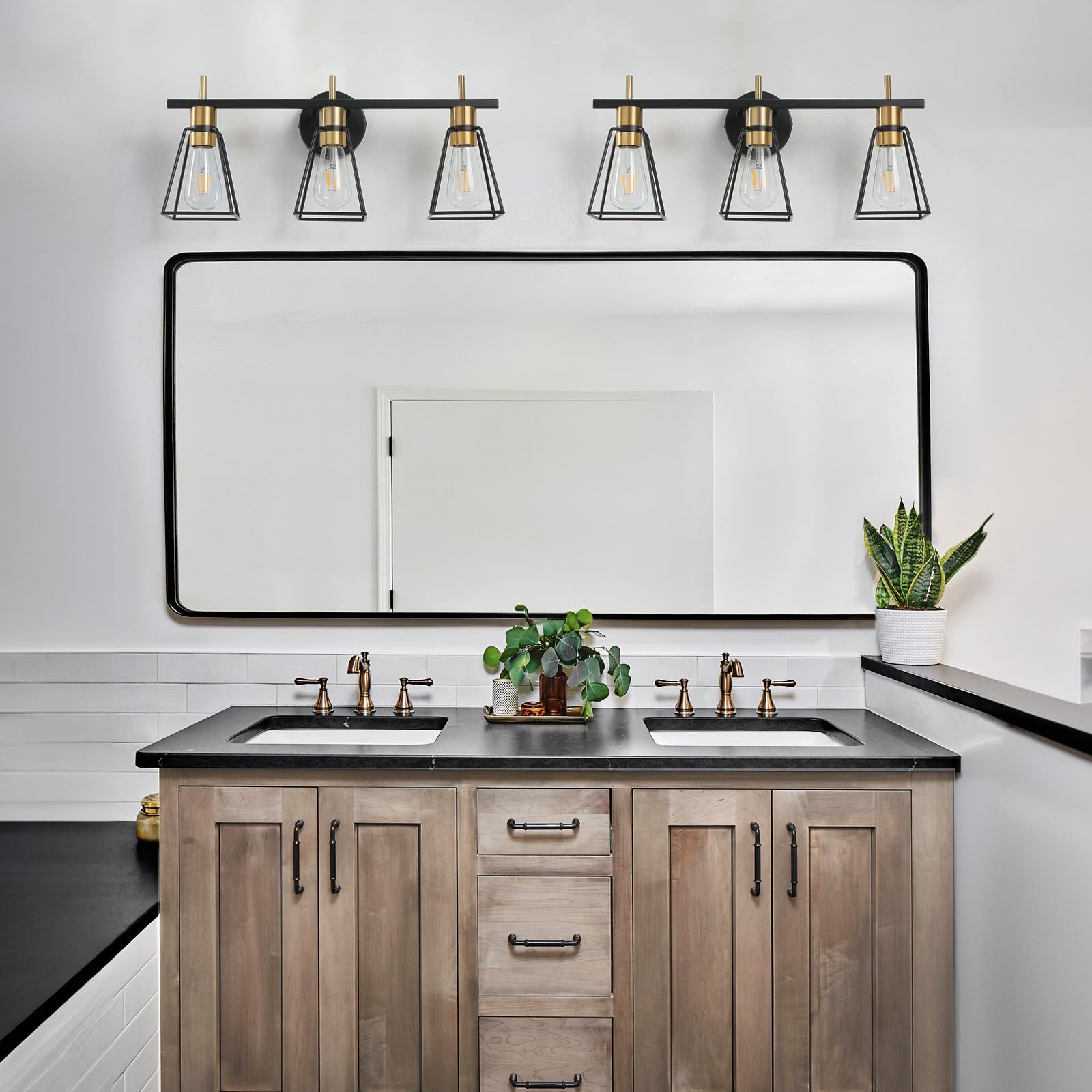 HAHZT 3-Light Industrial Bathroom Vanity Lights, Black & Gold Metal Cage Wall Sconce, Rustic Farmhouse Fixture for Bedroom & Living Room