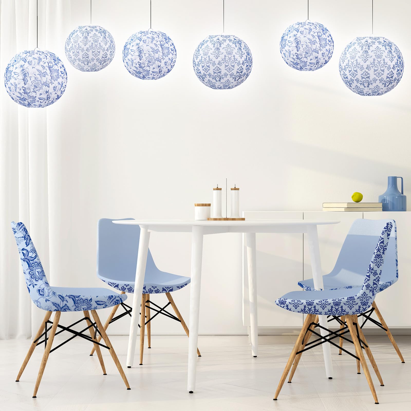 Retisee Chinoiserie Paper Lantern Set, 12 Pcs, 10" Blue & White Ceramic Hanging Lanterns for Wedding, Birthday, Baby Shower Decor