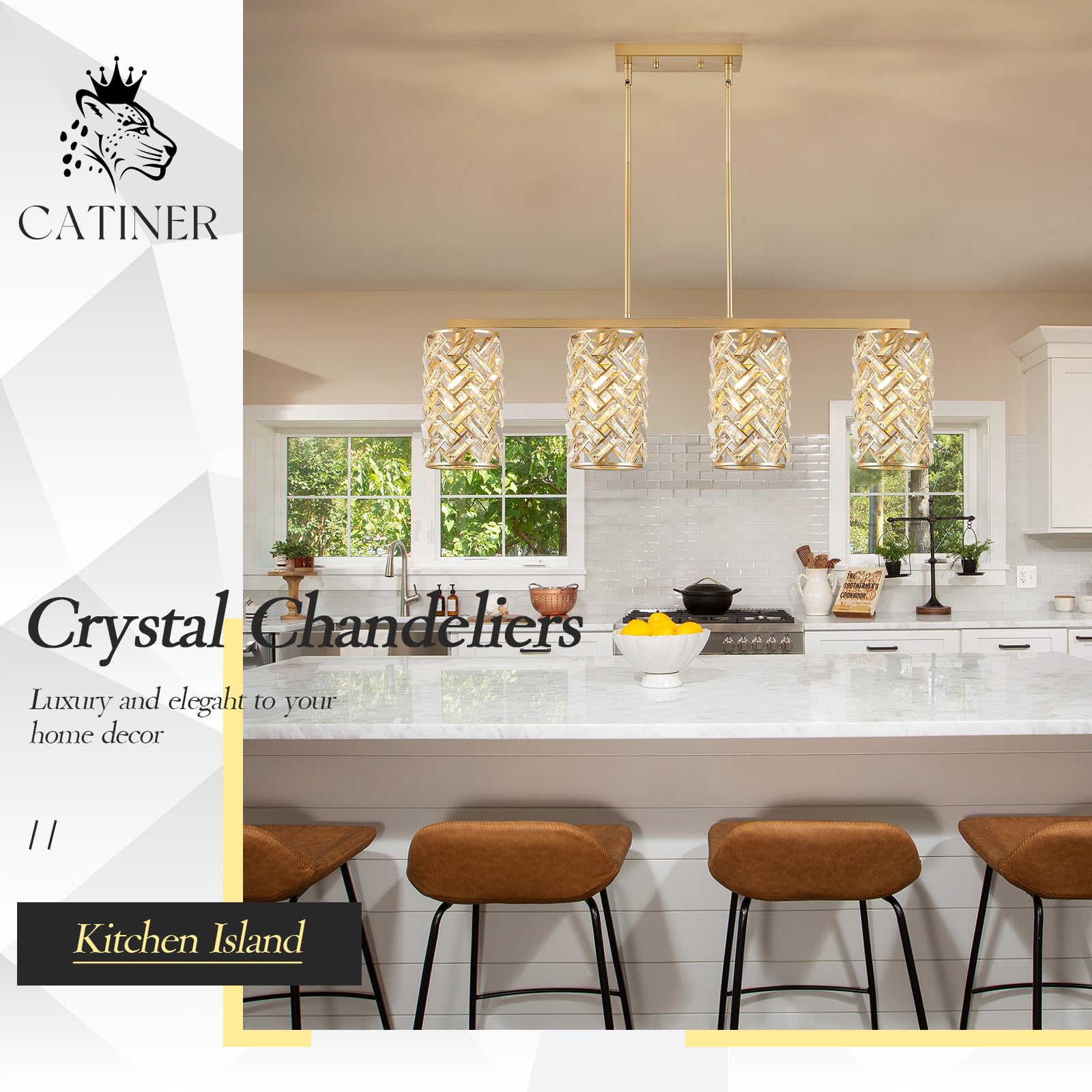 Catiner Gold Crystal Kitchen Island Lighting 40'' Modern Linear Chandelier 4 Lights Ceiling Pendant Light Fixture Luxury For Kit