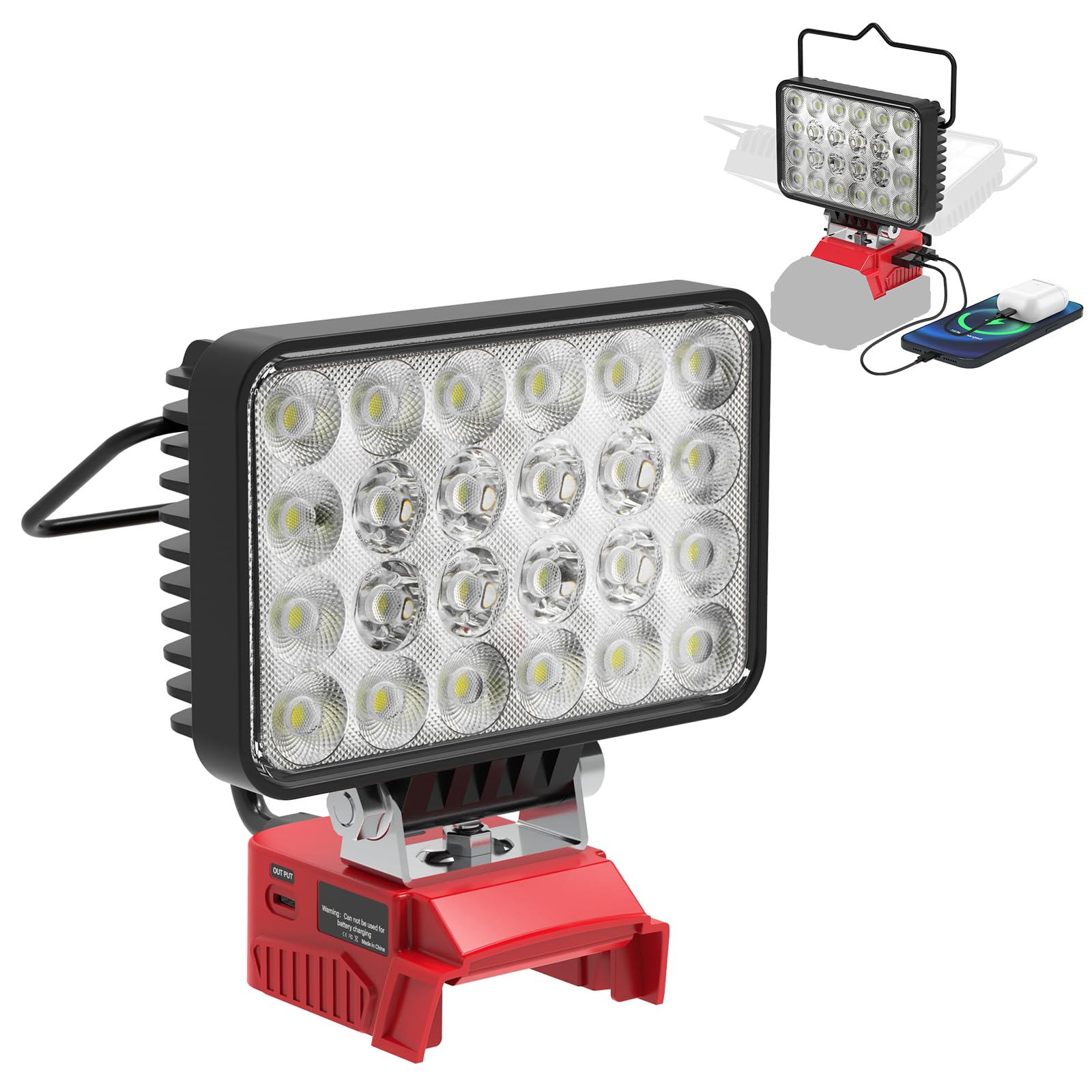 Cordless LED Work Light Compatible with Milwaukee 18V Battery, 72W 7200LM LED Light with Dual USB &Type-C Port, Flashlight with 