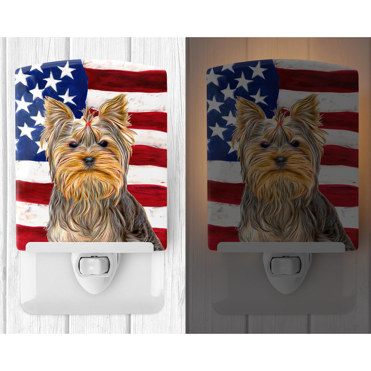 Carolines Treasures Ceramic Night Light, USA American Flag with Yorkie, UL-Certified, 6x4x3in, Multicolor, Model KJ1156CNL