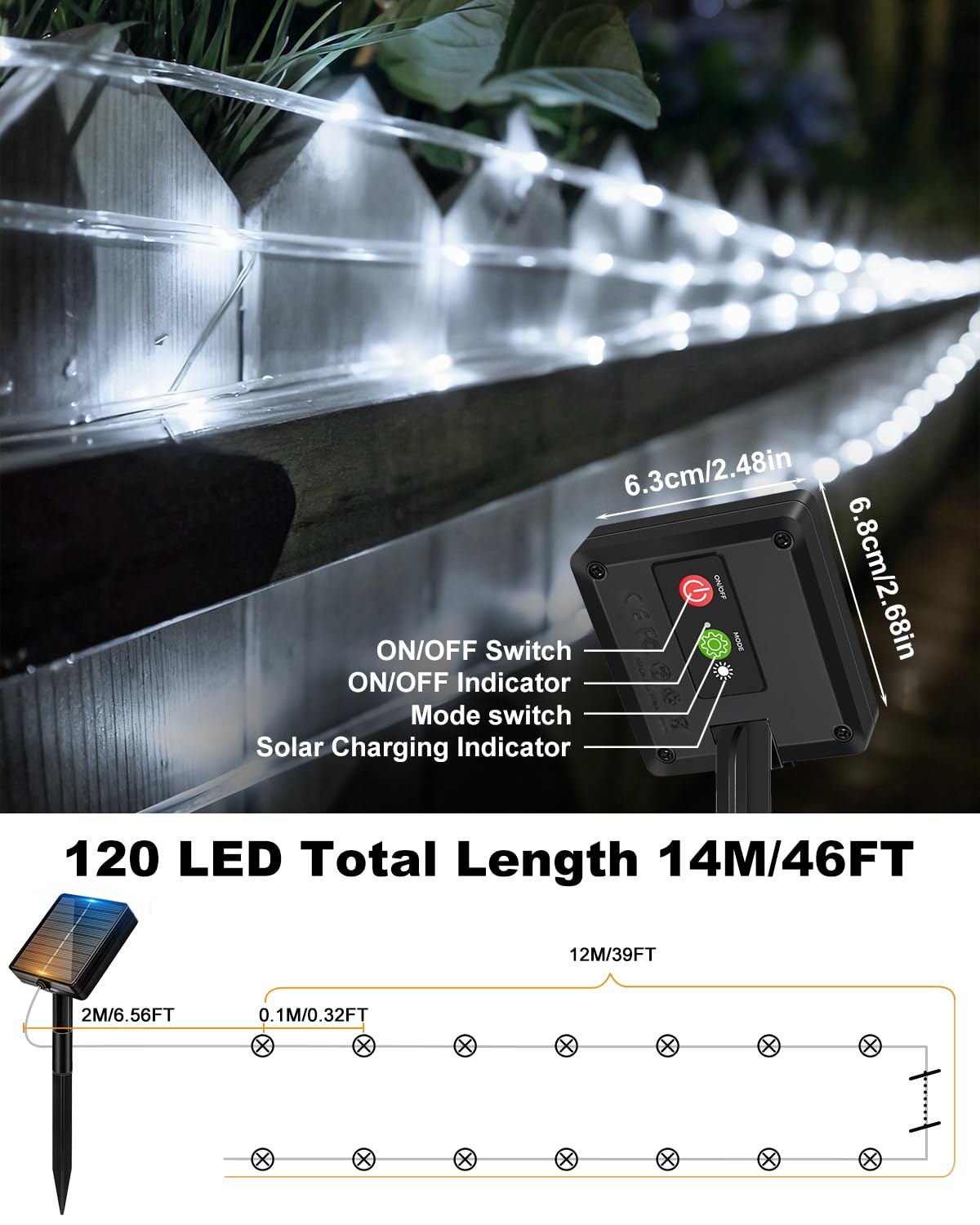 Btfarm 2 Pack Solar Rope Lights Outdoor  120Led 46Ft Solar String Lights Outside Waterproof  8 Lighting Modes Tree Tube Fairy Light Solar Powered For Garden Christmas Yard Party Decoration  Cool White