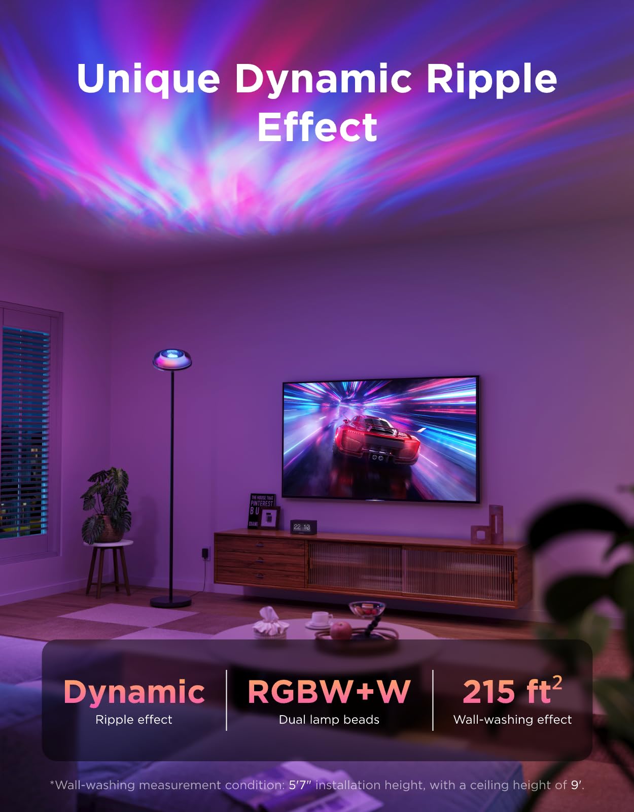 Govee Uplighter Floor Lamp for Living Room, RGBIC Ripple Projector, Floor Lamp for Bedroom Works with Matter, 215 ft Light Area,
