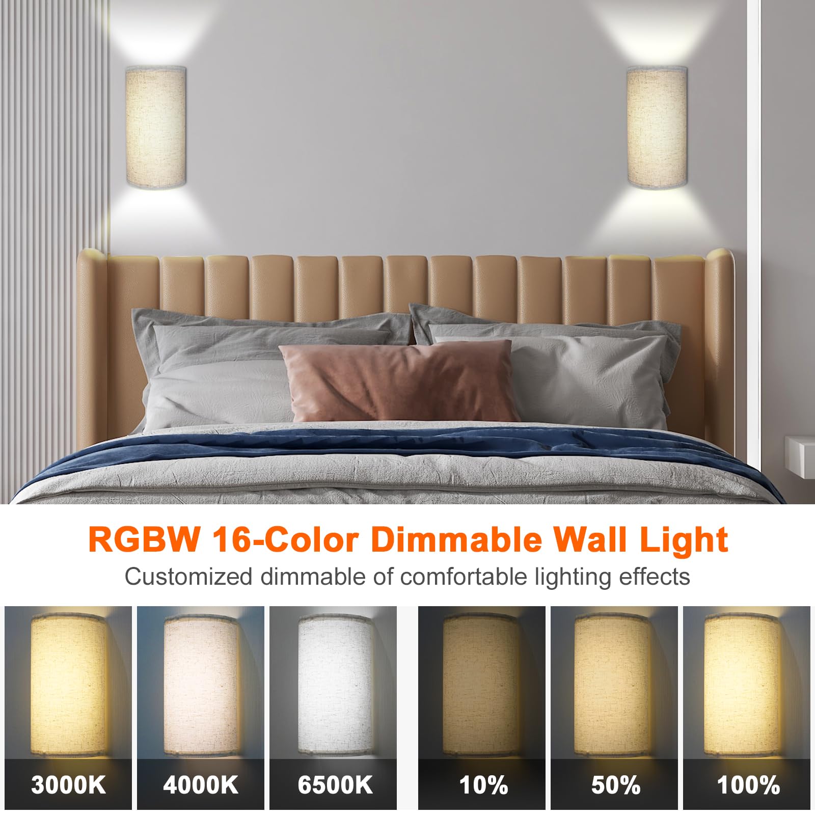 Shineled Wall Lamp Set of 2, LED Rechargeable Fabric Sconces, 16 RGB Colors, Dimmable, 13.77 Inch, Flaxen