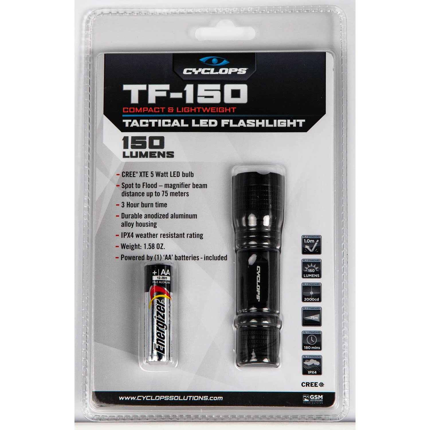 Cyclops Tf-150 Tactical Durable Lightweight Weather Resistant Ipx4 Compact Bright 5 Watt Led Flashlight | Aa Energizer Battery Included