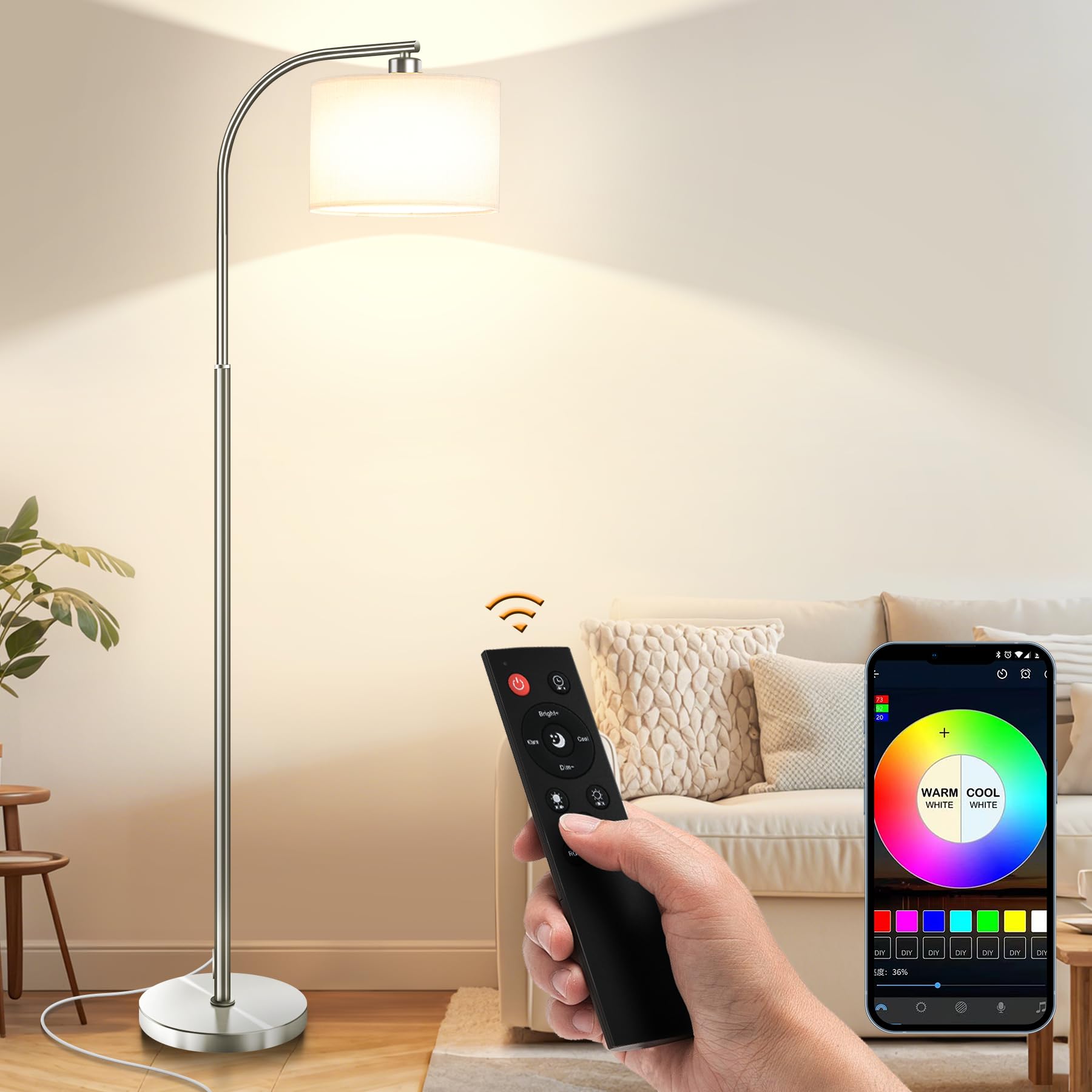 KQW Floor Lamp for Living Room with Remote,Dimmable Standing Lamps,Modern Tall Floor Light with Smart RGB Bulb,App Control,3 Col