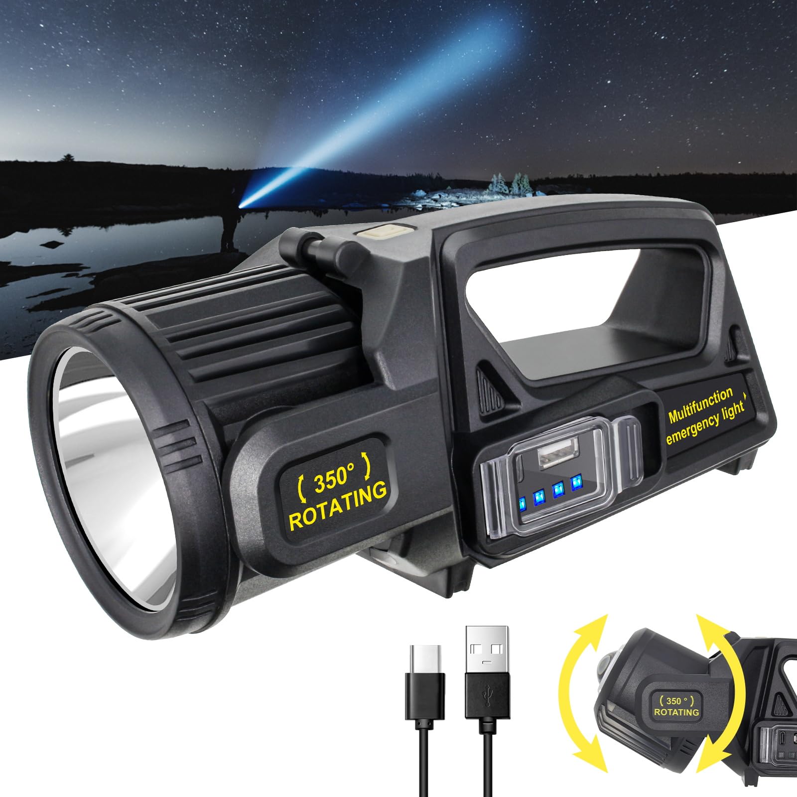 Jsknb 1000000 Lumens Spotlight, 9 Modes Rechargeable Led Spotlight Flashlight With 350° Rotate Head, Super Bright Spot Lights Outdoor Handheld, Waterproof Solar Flashlight For Emergencies, Large