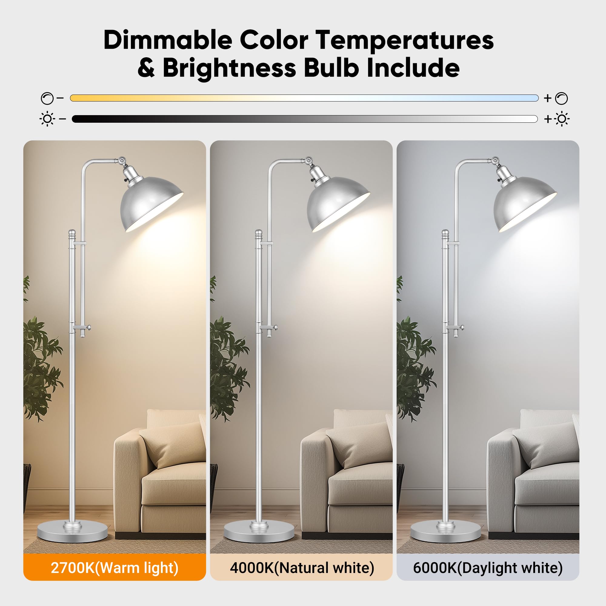 Partphoner Industrial Floor Lamp Adjustable, Farmhouse Reading Lamp In Silver Finish Modern Standing Lamp With Remote Control Me