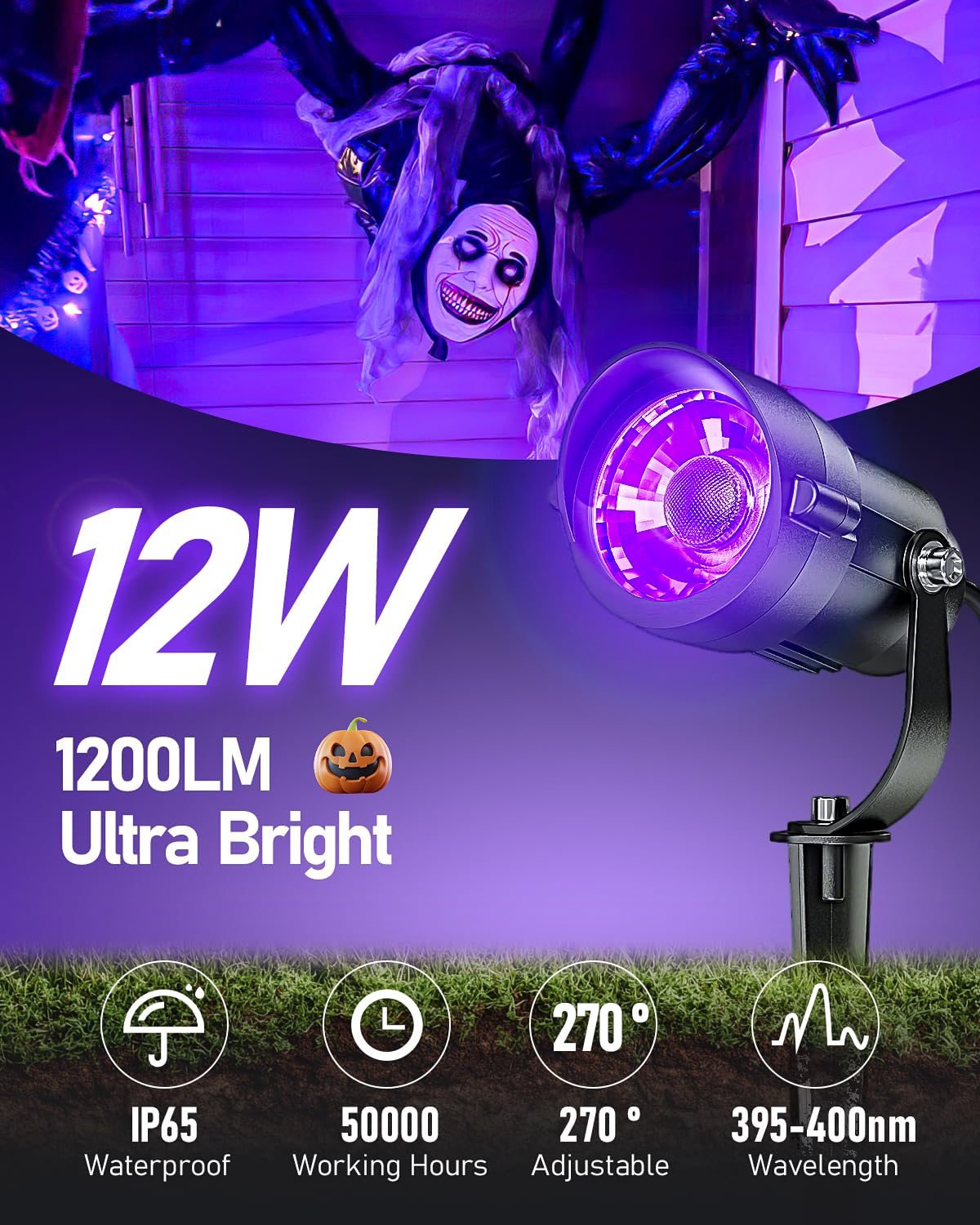 Hiboitec Halloween Black Light Spotlight Outdoor 12W Ip65 Waterproof Led Spot Lights Landscape Lighting With 4.9Ft Us Plug For Glow Party Body discomfort-reducingt Yard Garden Decorations 1Pack