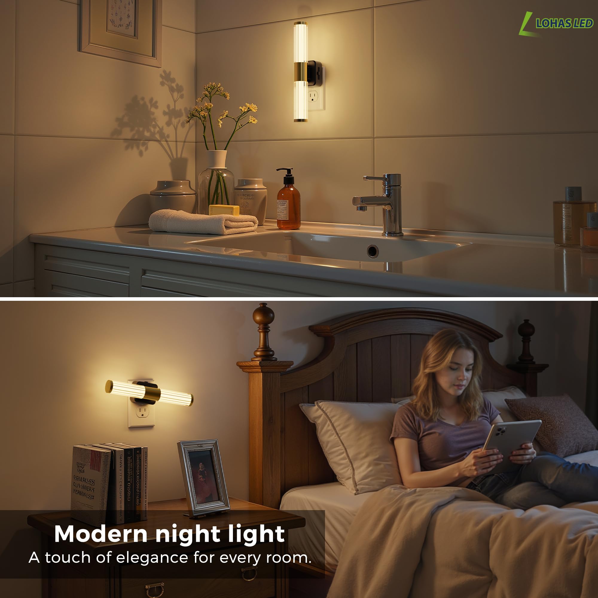 L LOHAS LED Night Light, Dimmable 100LM, Light Sensor, 3000K Soft Light, Plug-in for Bedroom/Bathroom, Black Base-Striped, Model GY