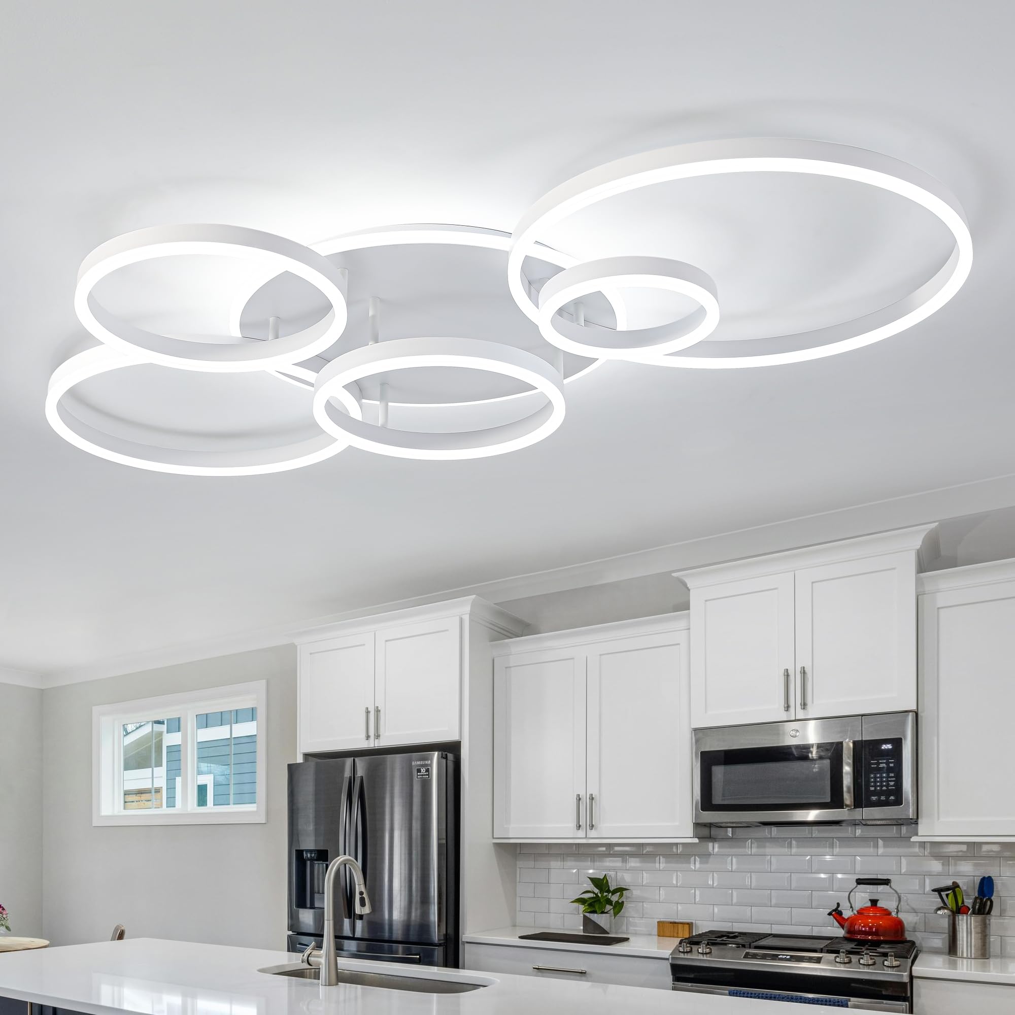 ONeeldy Modern Led Ceiling Light White Flush Mount Ceiling Lights Fixtures Dimmable 47 Dining Room Light Fixture With Remote 6 Rings Kitchen Lighting Fixtures Ceiling Lamp For Bedroom Living Room