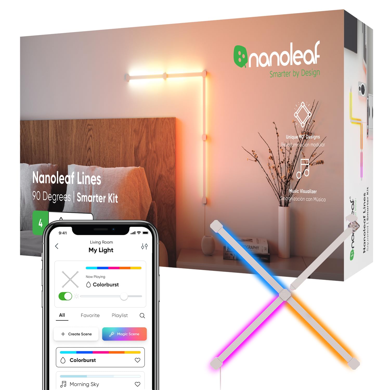 Nanoleaf Lines Smart LED Wall Lights, 90 Degree 4PK, Multicolor, WiFi, Works with Alexa & Google Assistant, Model NL59K03-4SN00