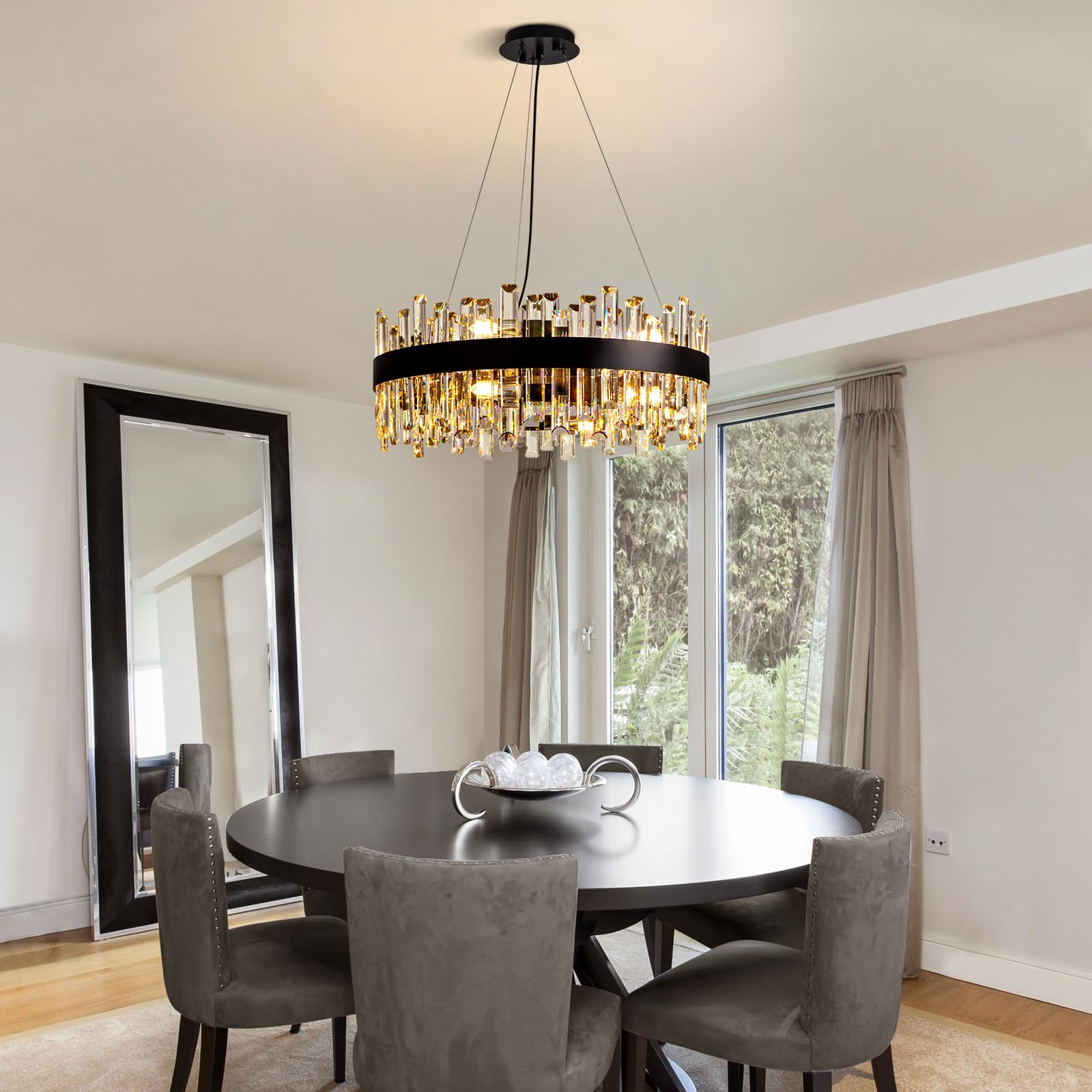 Siljoy Modern Crystal Chandelier, 23.6'' Raindrop K9, Adjustable Flush Mount, Black, Model HLP12506BQG