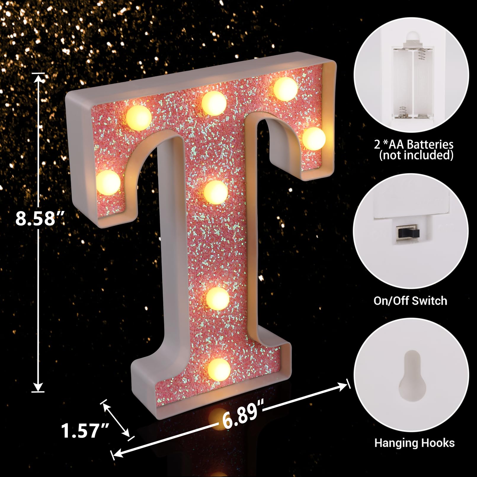 TRONSBOO LED Letter Lights Marquee T - Pink Glitter, Battery Powered Decorative Sign for Home, Party, Wedding, Birthday, Christmas