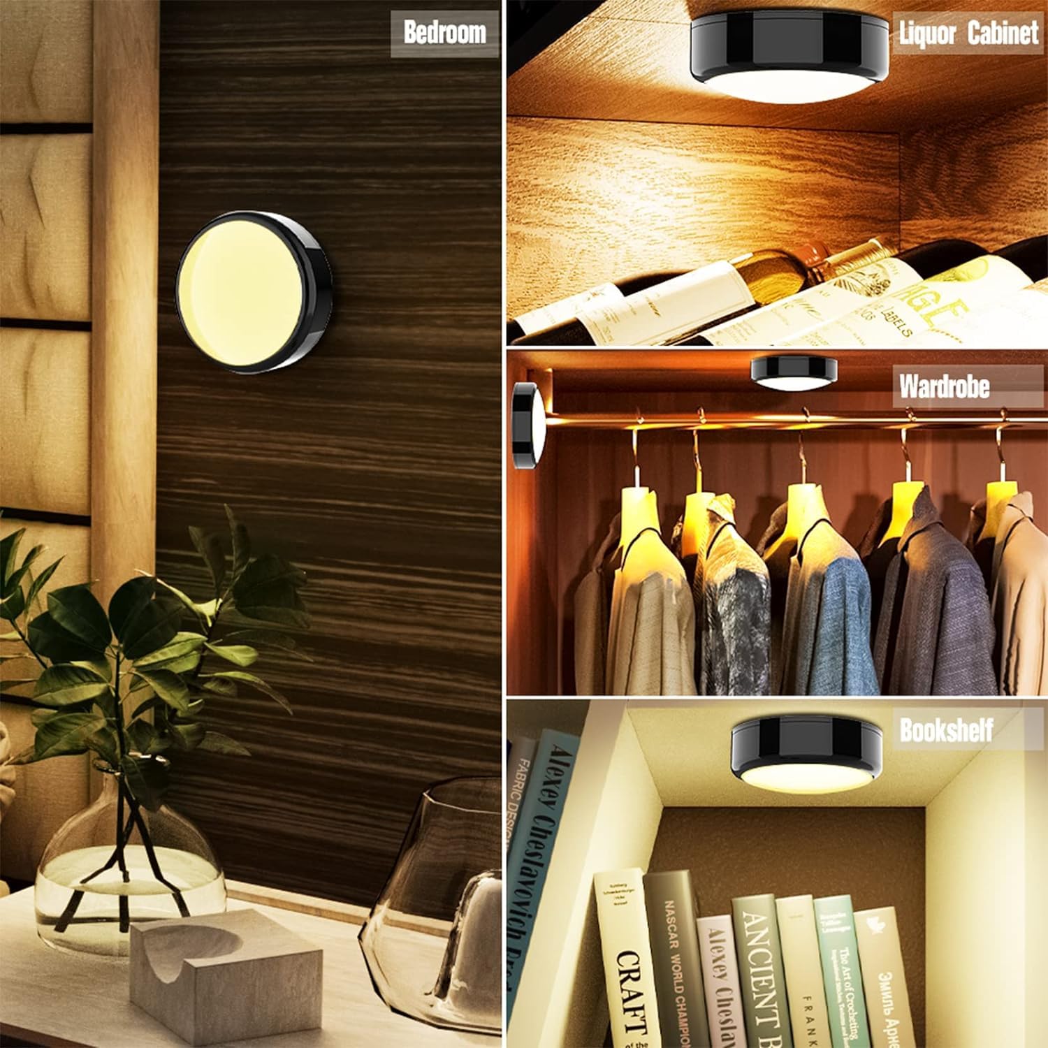 HELPLEX LED Puck Lights, 16 Colors, Dimmable, Battery Powered, 6 Pack, Includes 18 AA Batteries, Remote Control, Timing Function, Black