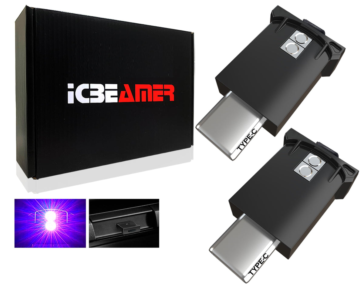 Icbeamer Type C Adapters Usb Ambient Light - 2 Pcs (Purple) | Smart Interface, Miniature Led Night Lights For Car Interior, Trun