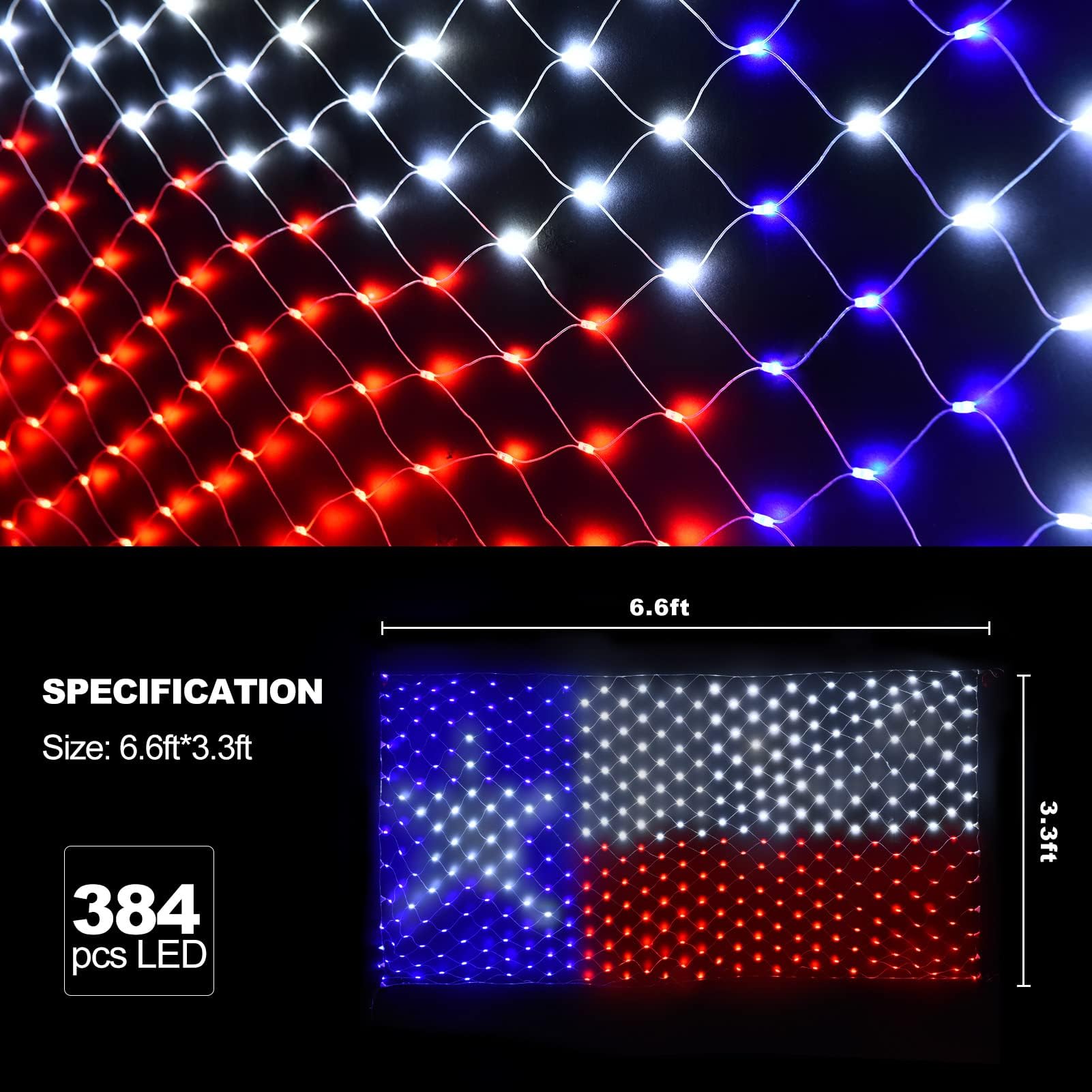 Leisure World LED Texas Flag Net Lights - 384 LEDs, 3.3x6.6 FT, Outdoor Patriotic Decor, 8 Modes, Plastic & Copper Wire