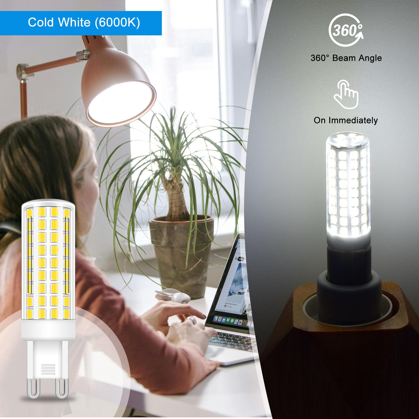 Brolskun G9 Led Bulbs 8W Chandelier Light Bulbs (80W Halogen Equivalent) 6000K Daylight White,T4 G9 Ceramic Bi Pin Base 800Lm 11