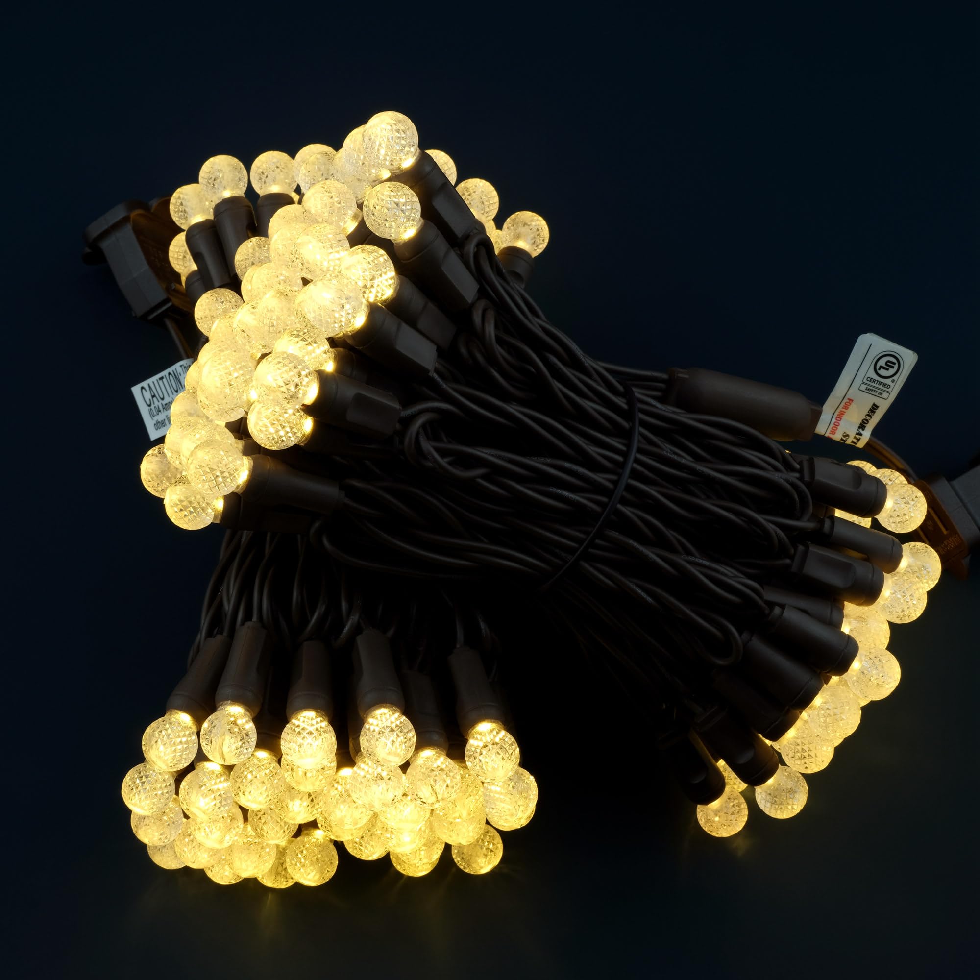 YULETIME G12 Christmas Lights, 140 Count, 48 Feet, Warm White, Brown Wire, Waterproof, UL Certified, Model BLF-L-70E/2F(0.08