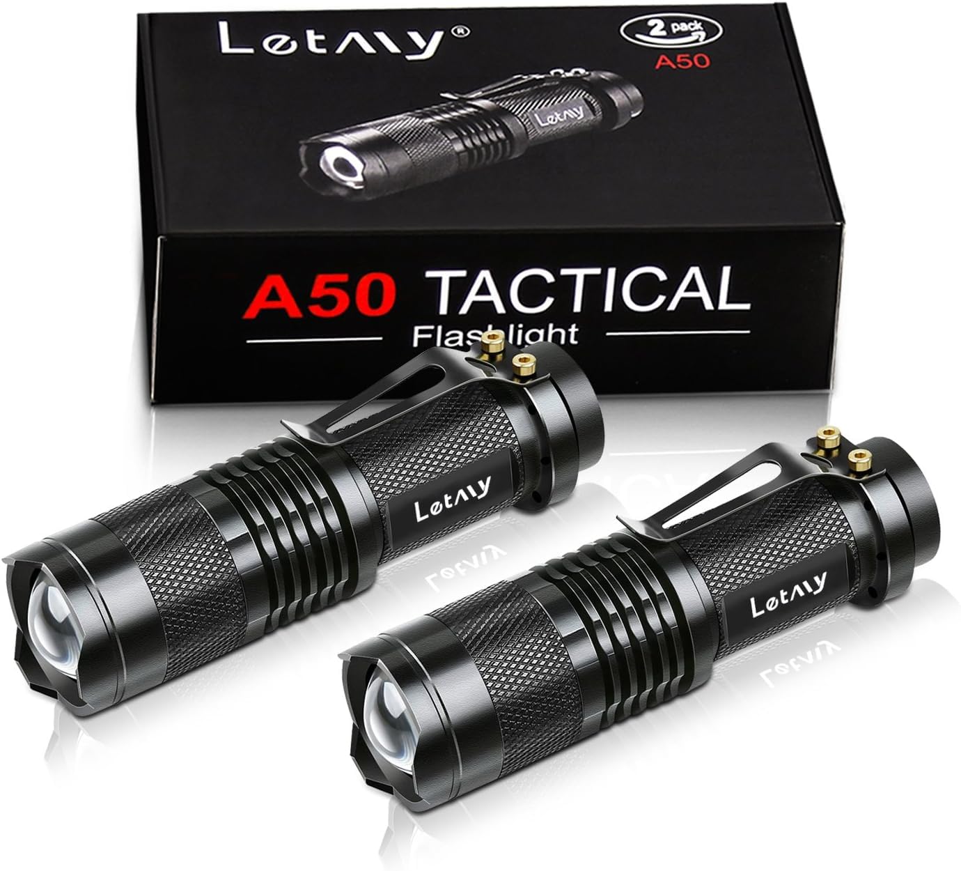 LETMY Tactical Flashlight, Bright LED, Waterproof, Zoomable, Mini, 2 Pack, Aluminum, Clear