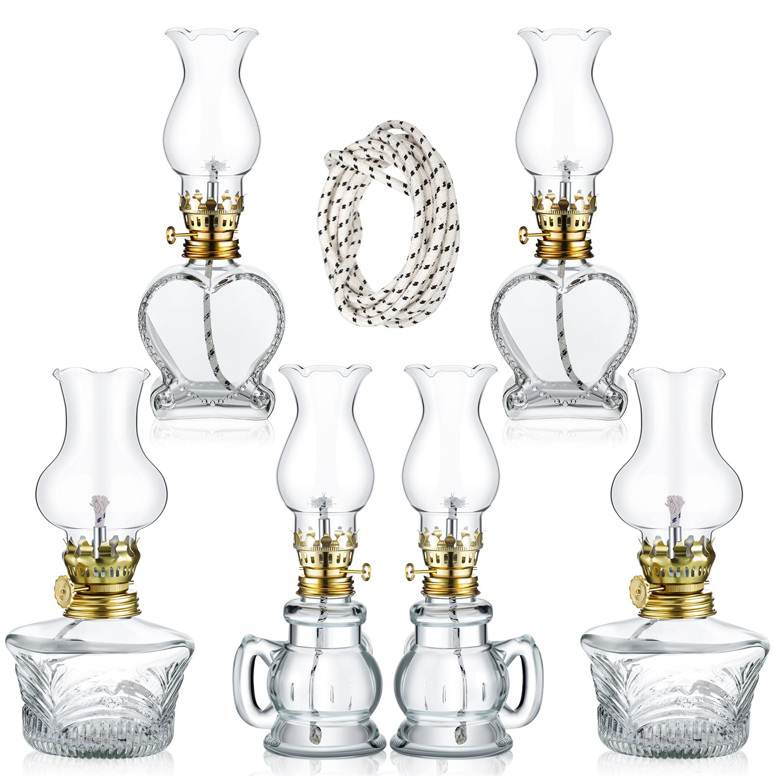 Yexiya 6 Pcs Oil Lamp Vintage Glass Kerosene Lamp Rustic Lantern Chamber Oil Lamps Clear Kerosene Lamp Hurricane Lamp with 6.6 ft Extra Wick for Indoor Use Home Decor Emergency (Heart)
