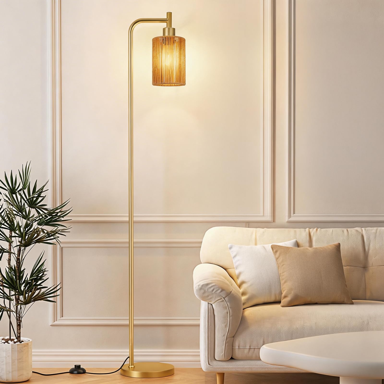 Ziisee Floor Lamps for Living Room - Modern Standing Lamp with Rattan Shade, Gold Floor Lamp with LED Bulb, Farmhouse Tall Lamp 