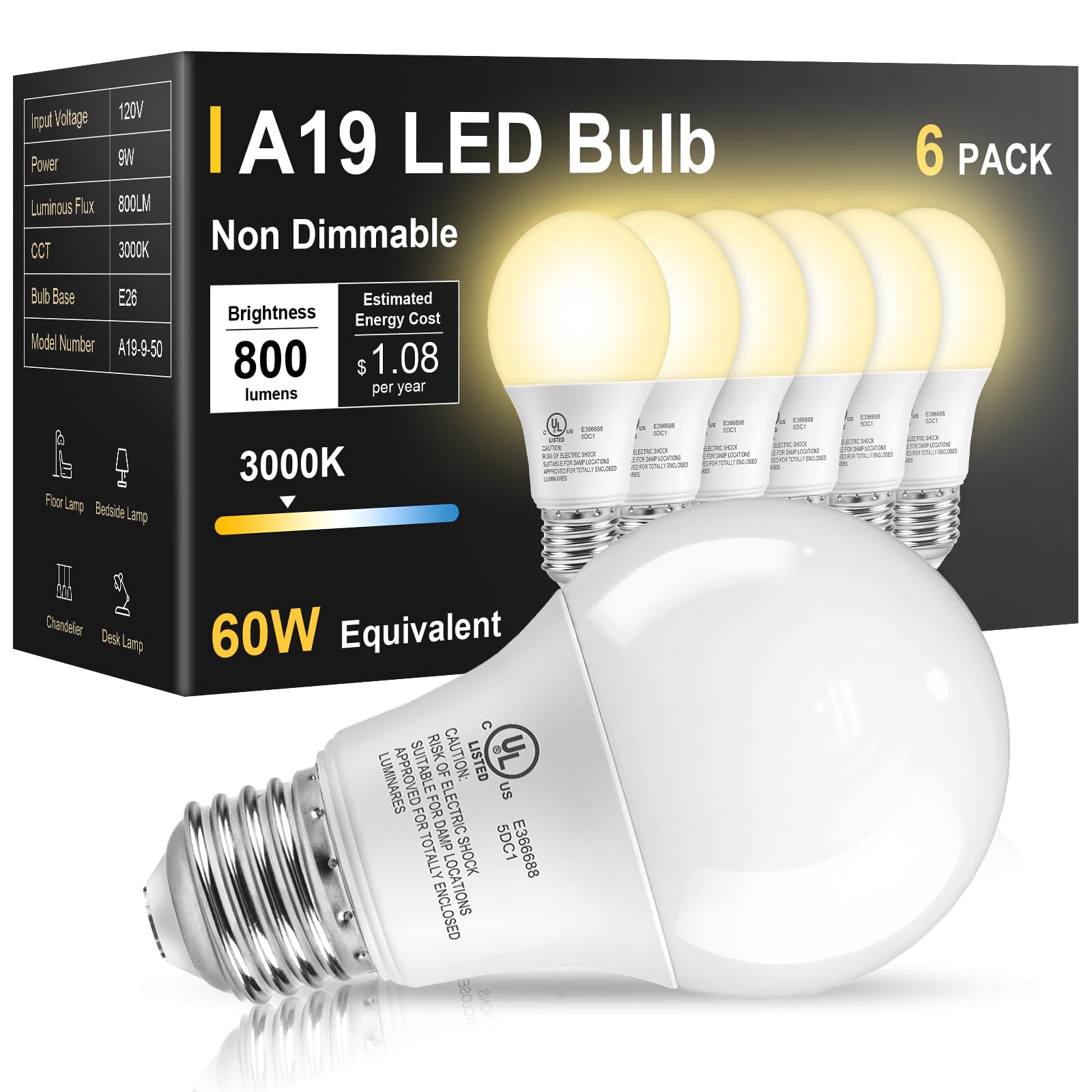 TJOY 6 Pack LED Light Bulbs 60 Watt Equivalent  Soft Warm White 3000K A19  Efficient 9W  E26 Standard Base  800 LM Energy Saving Lightbulbs for Home Bedroom Living Room Office  Non-Dimmable  UL Listed