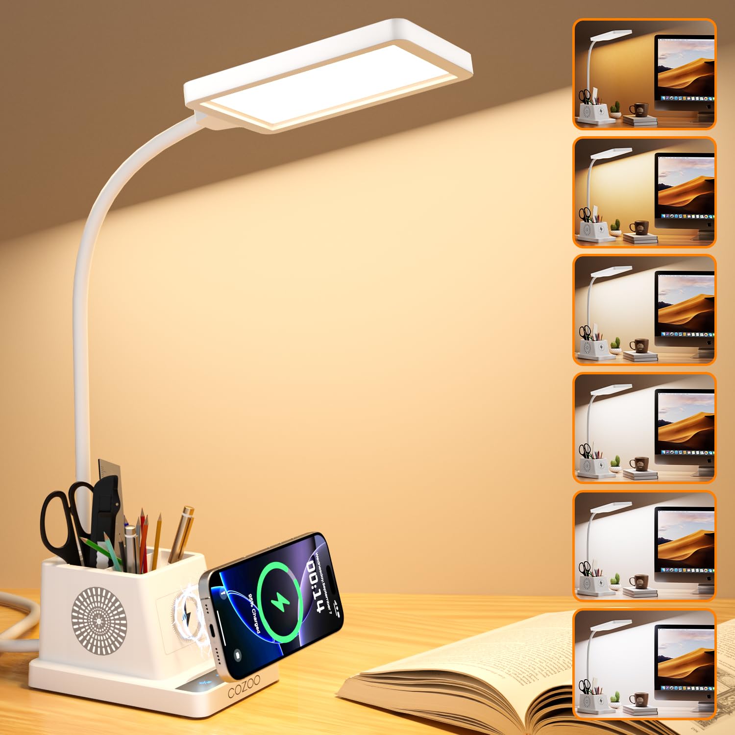 cozoo Desk Lamp, LED Desk Lamps for Home Office with 15W Wireless Charger/Organizer,Desk Lamp for College Dorm Eye-Caring Study 