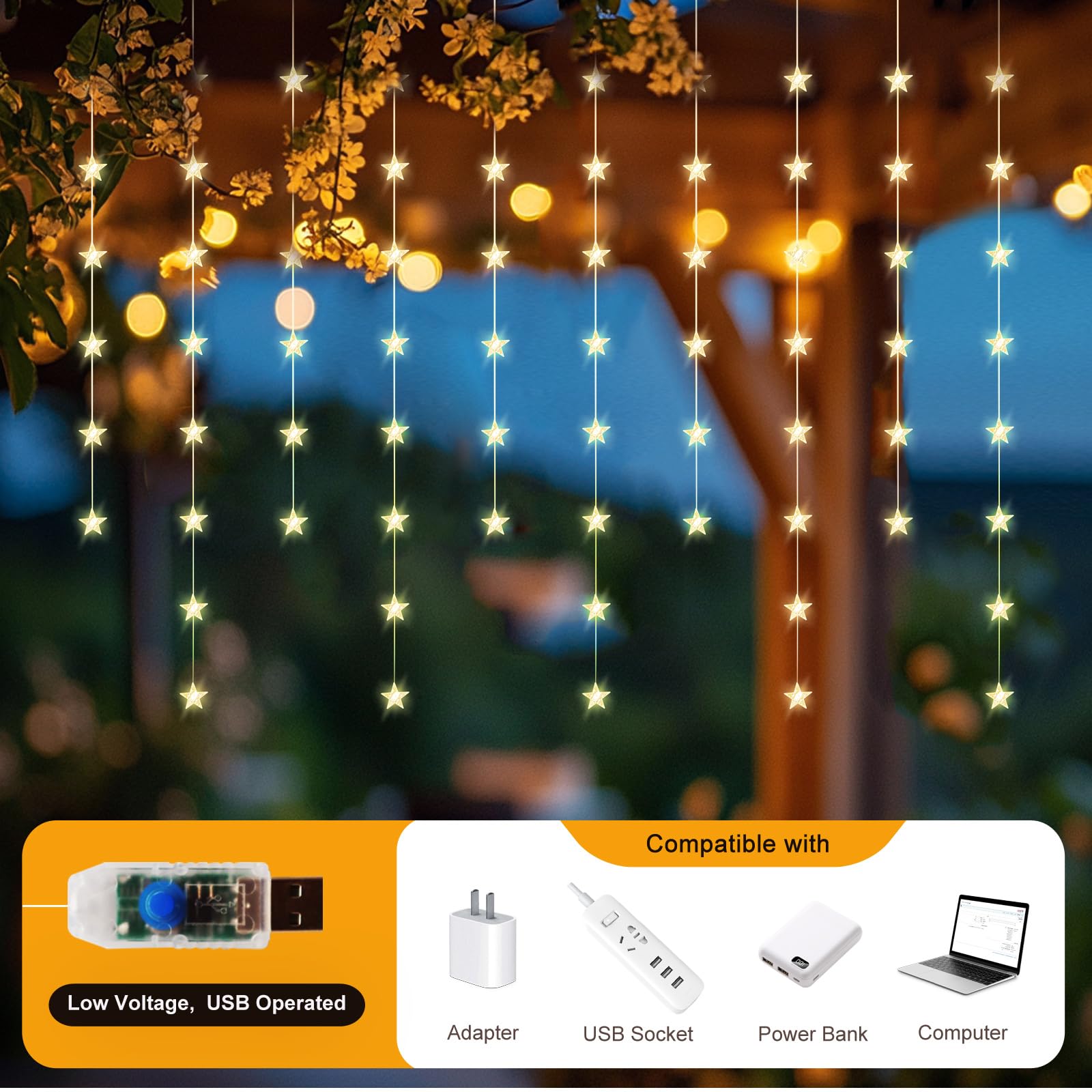 Patioman Star Curtain Lights, Warm White LED Twinkle String Lights, 70 Stars, Remote Control, Model PMFL02