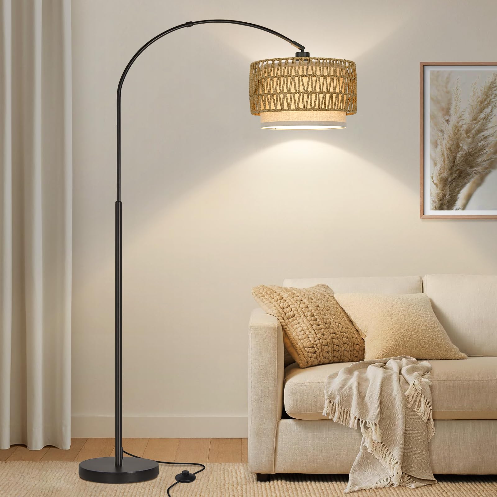 Rattan Floor Lamp, Arc Floor Lamps for Living Room, Farmhouse Standing Lamp with Adjustable Hanging Fabric Shade, Tall Pole Lamp