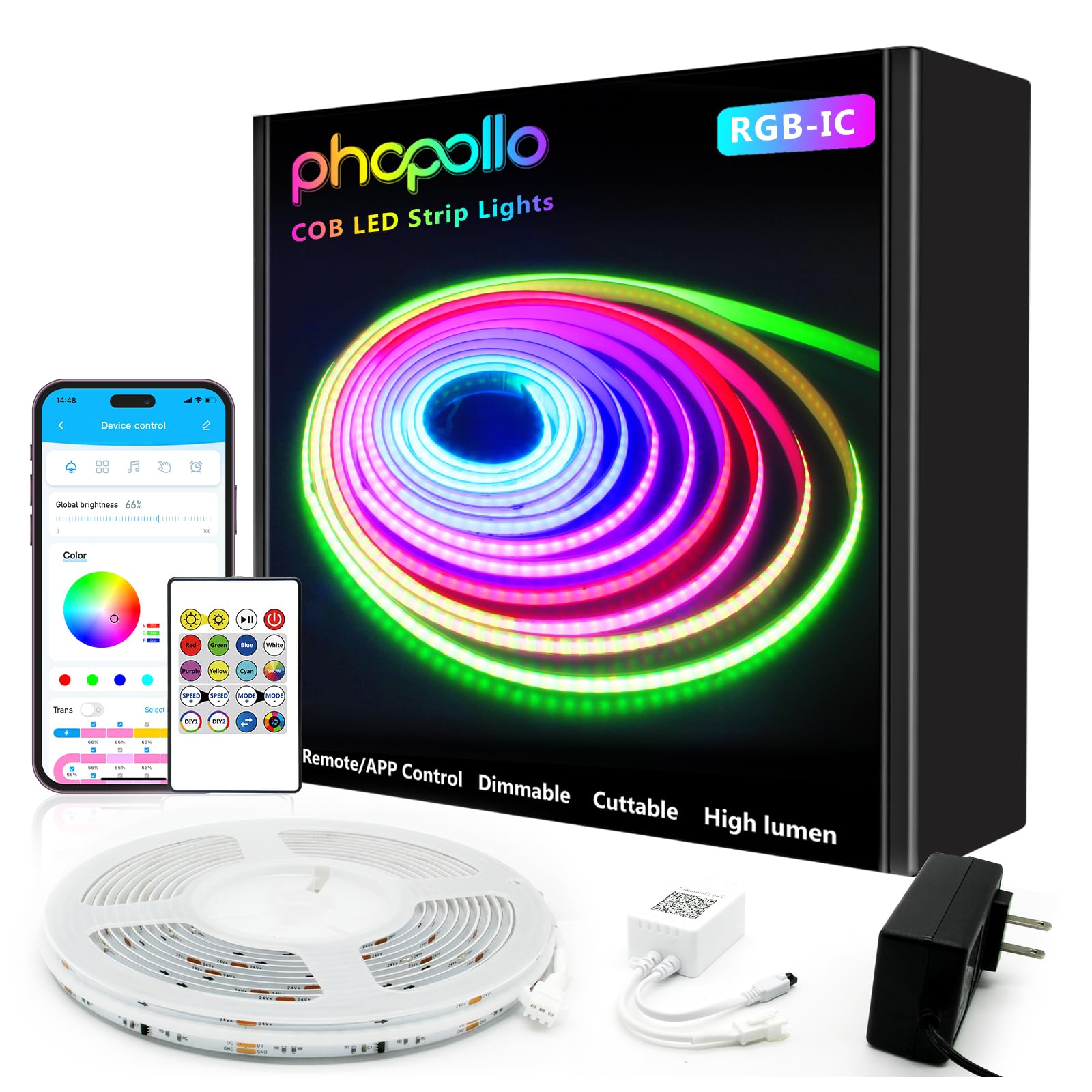 phopollo RGB Smart IC COB LED Strip Lights, Addressable 576 LEDs/m High Density Flexible 24V Led Lights with Remote & App Control, LED Lights for Bedroom, Kitchen and Cabinet Lighting Decor-16.4ft