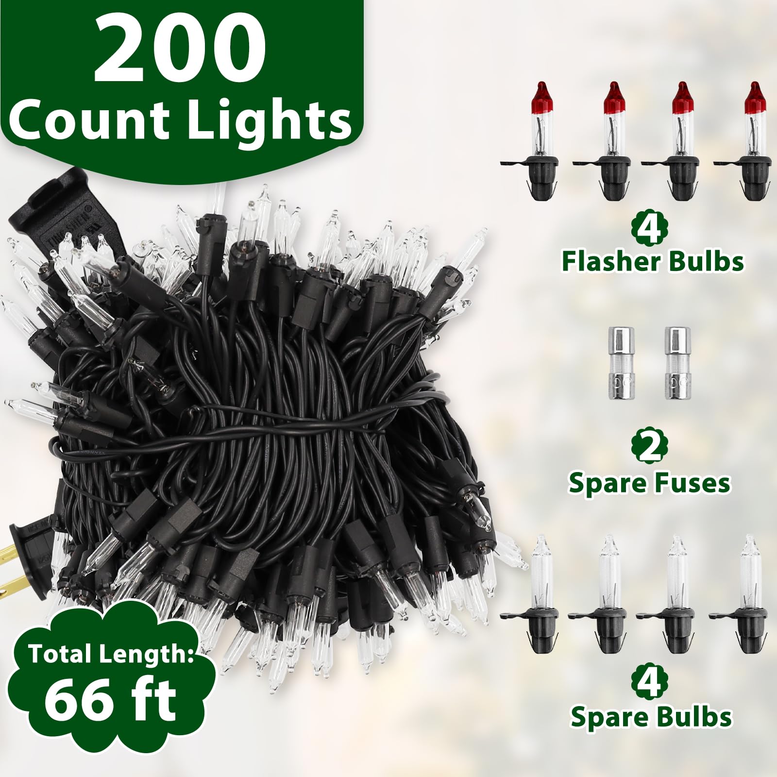 Cxlho Clear Christmas Lights 66Ft 200 Incandescent Bulbs Warm White Mini Lights With Black Wire For Christmas Tree, Garland, Tha