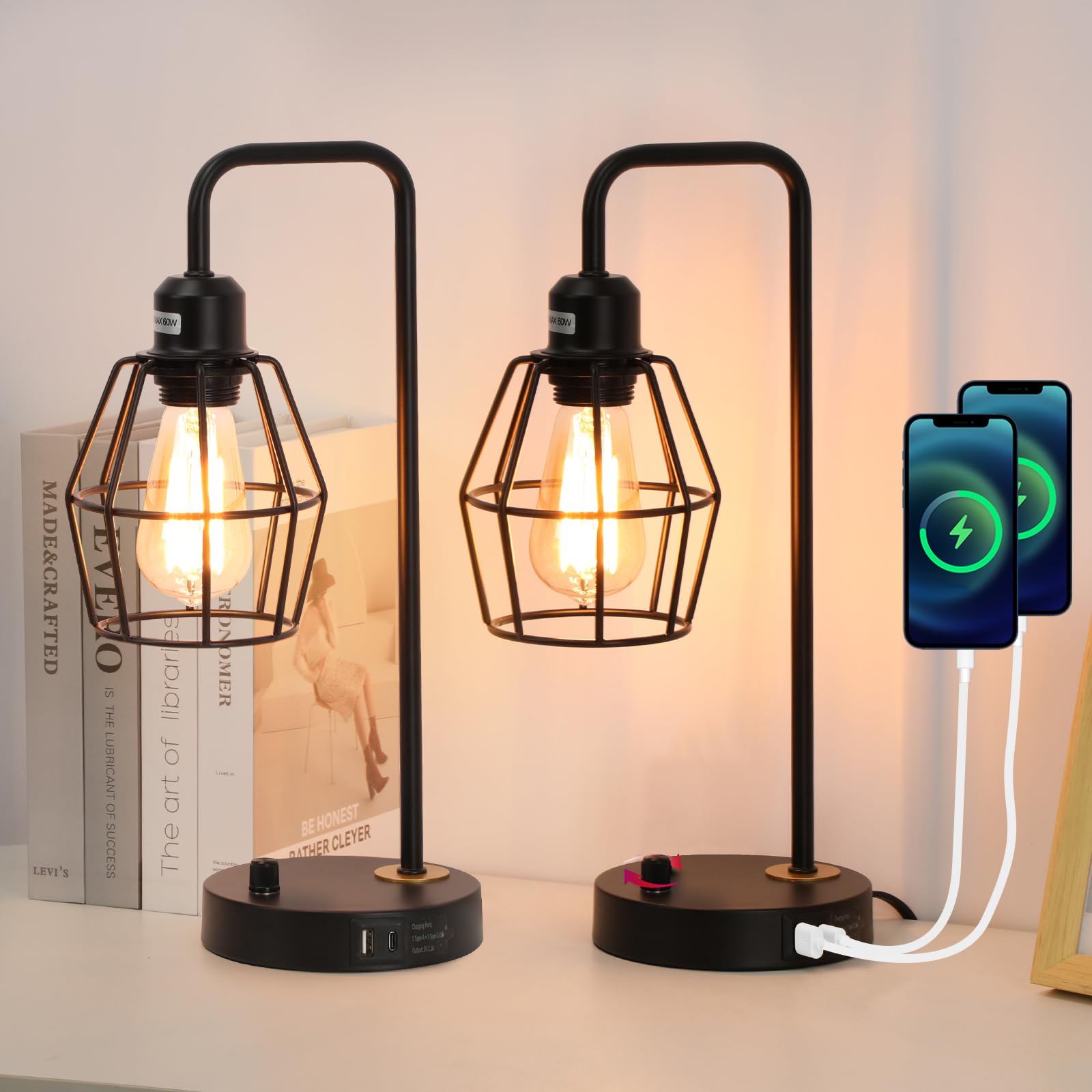 YEHKHEY Industrial Dimmable Table Lamps Set of 2, Modern Black Bedside Lamp with USB A+C Outlet Charging Ports, Farmhouse Lamp w