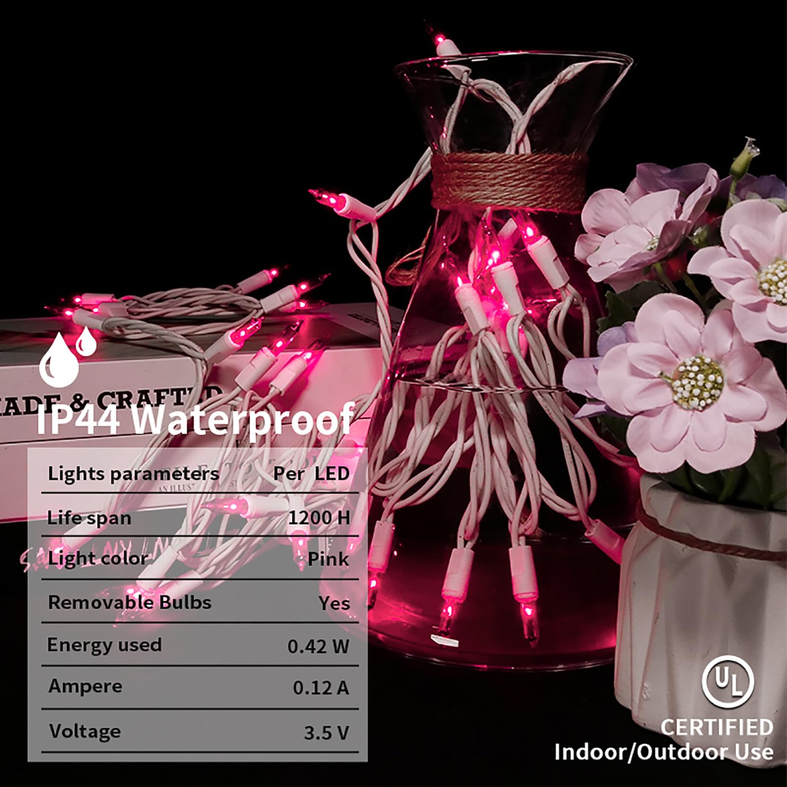 Multi-Sparking Pink Christmas Lights 35 Count - Incandescent Pink Mini String Lights For Indoor/Outdoor Christmas Valentines Day