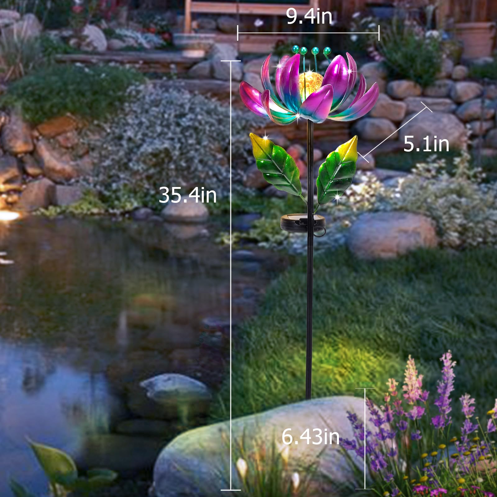Huaxu Solar Outdoor Lights 35.4In Garden Decor Flower Wind Spinners,Waterproof Led Crackle Glass Globe Purple Lotus Art Metal St