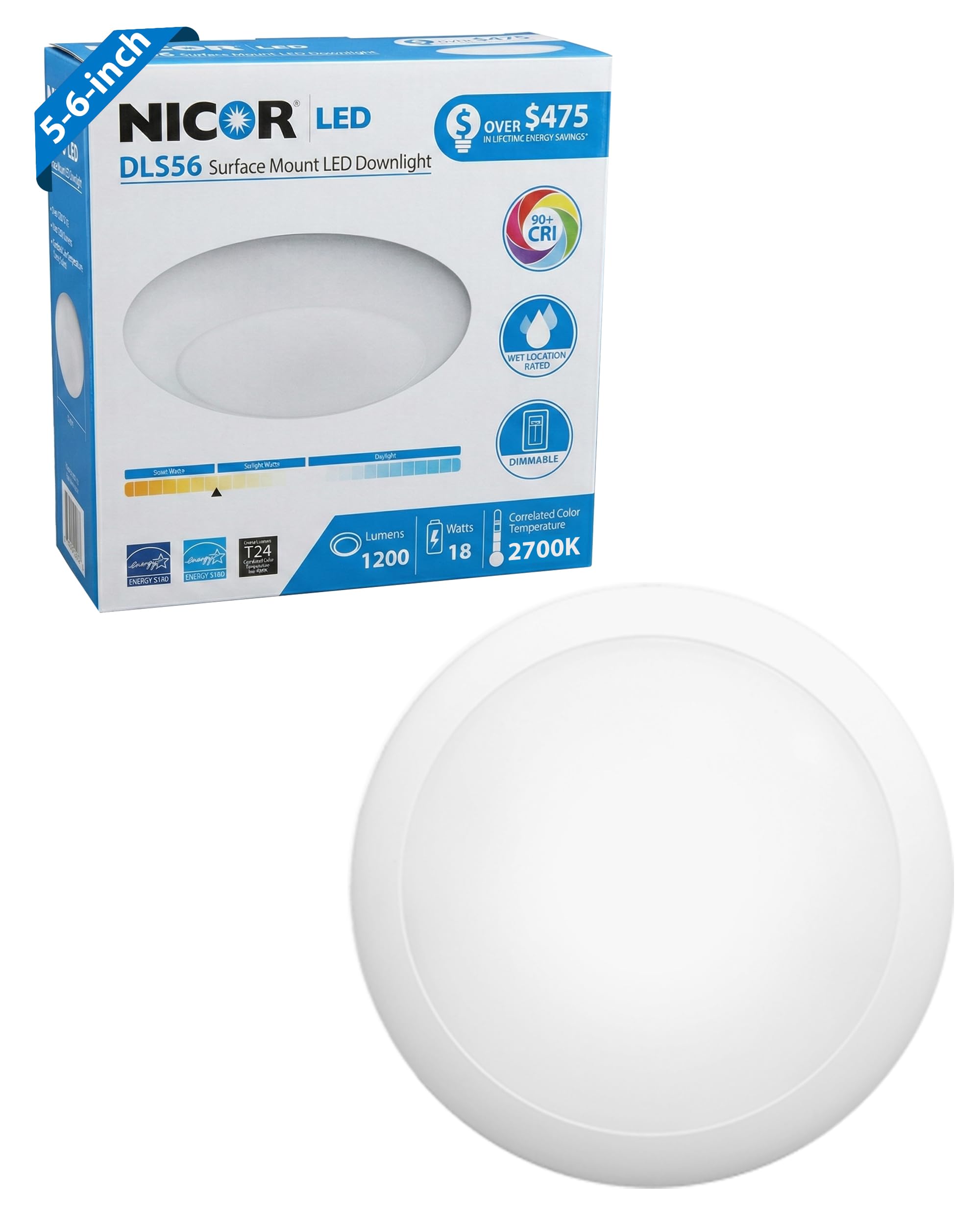 NICOR Lighting 5/6-Inch Dimmable 900-Lumen 2700K LED Surface Mount Retrofit Kit, White Trim (DLS56-3009-120-2K-WH)