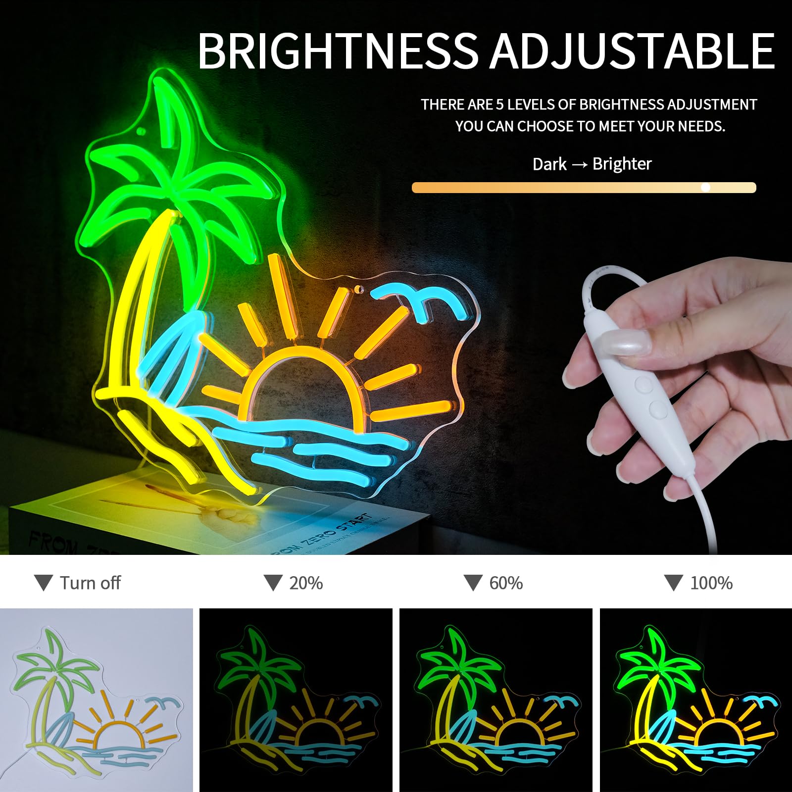 Virlusy Neon Sign Coconut Tree LED Light Summer Beach Decor Small Green Blue Yellow YL-Beach Sunset
