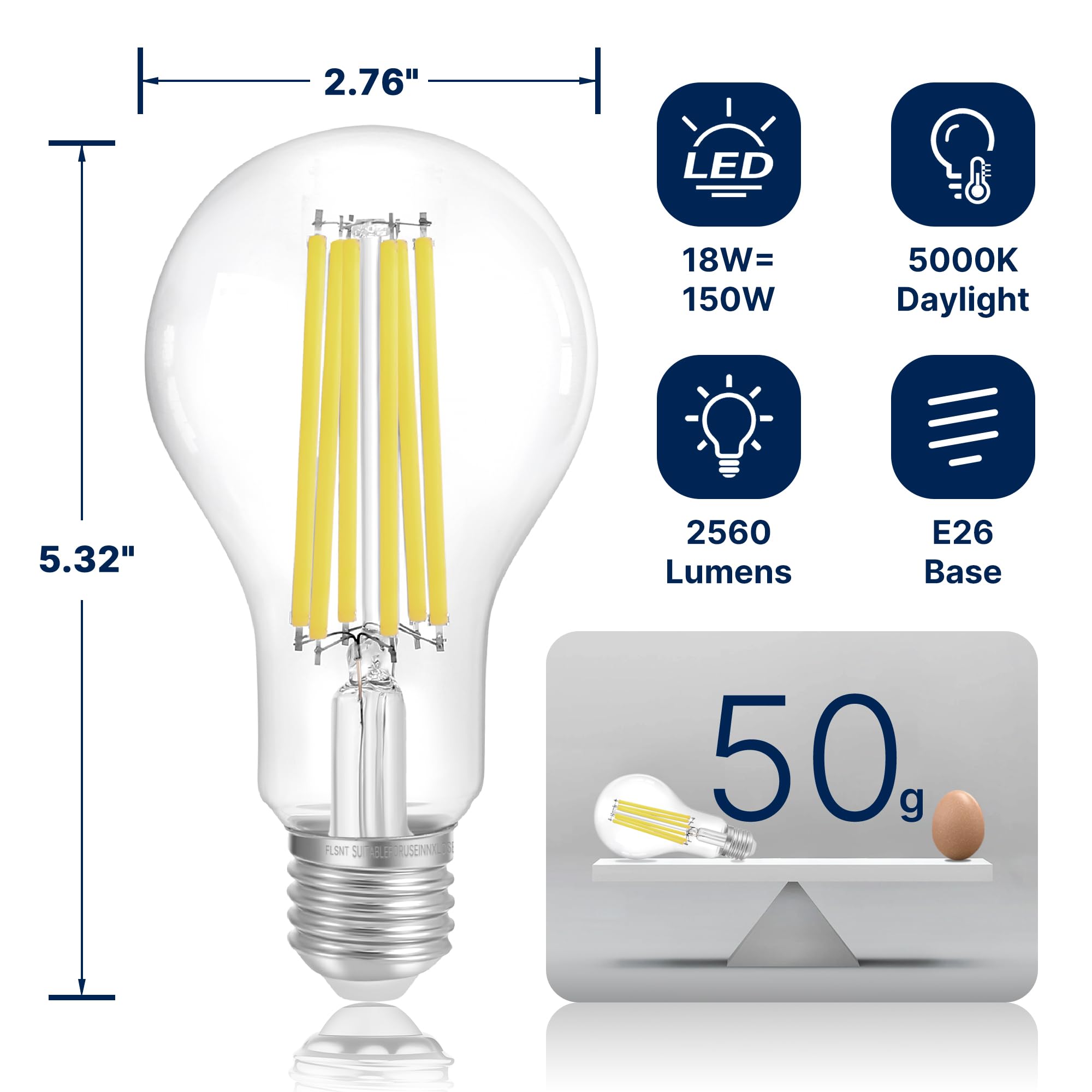 Flsnt 150W Equivalent Led Light Bulbs, 5000K Daylight Dimmable A23 Led Edison Bulbs, 2650Lumens, Efficient 18W, E27 Base, 4 Pack