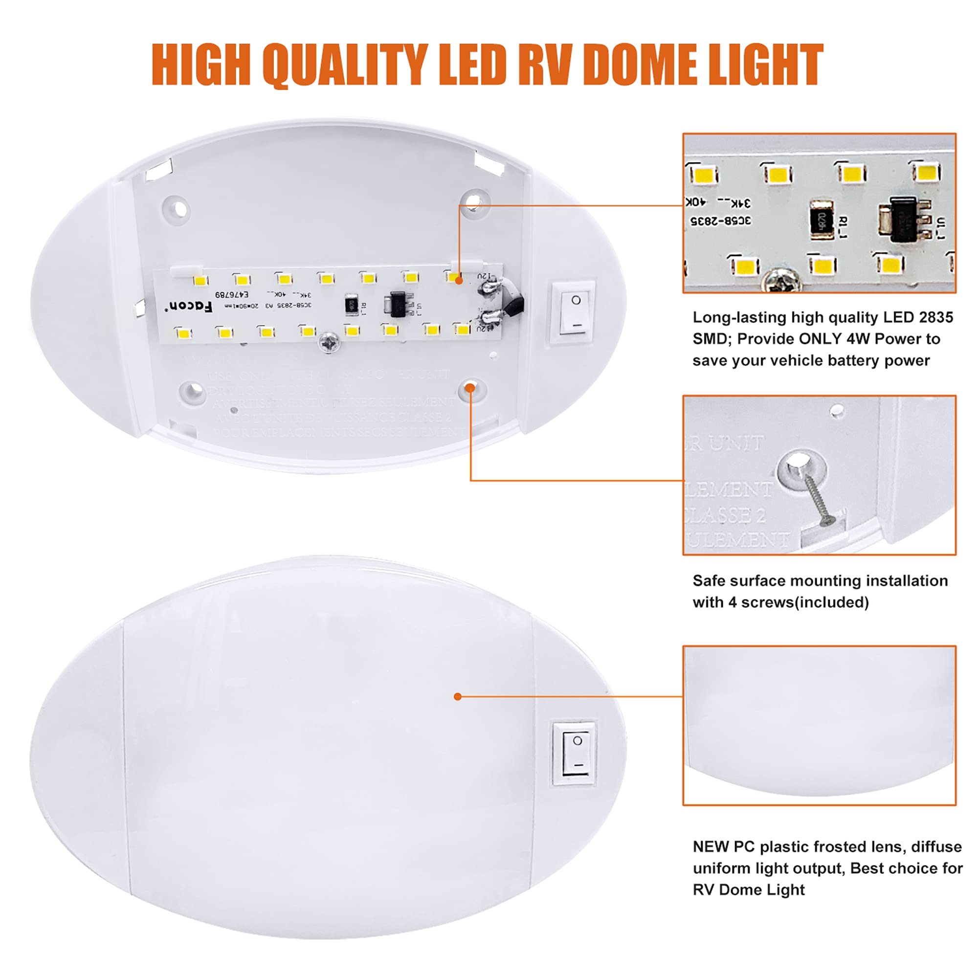 Facon 12V Rv Oval Pancake Light, Length: 6'', 4000K Nature White Light, 12Volt Interior Rv Ceiling Dome Light With On/Off Switch
