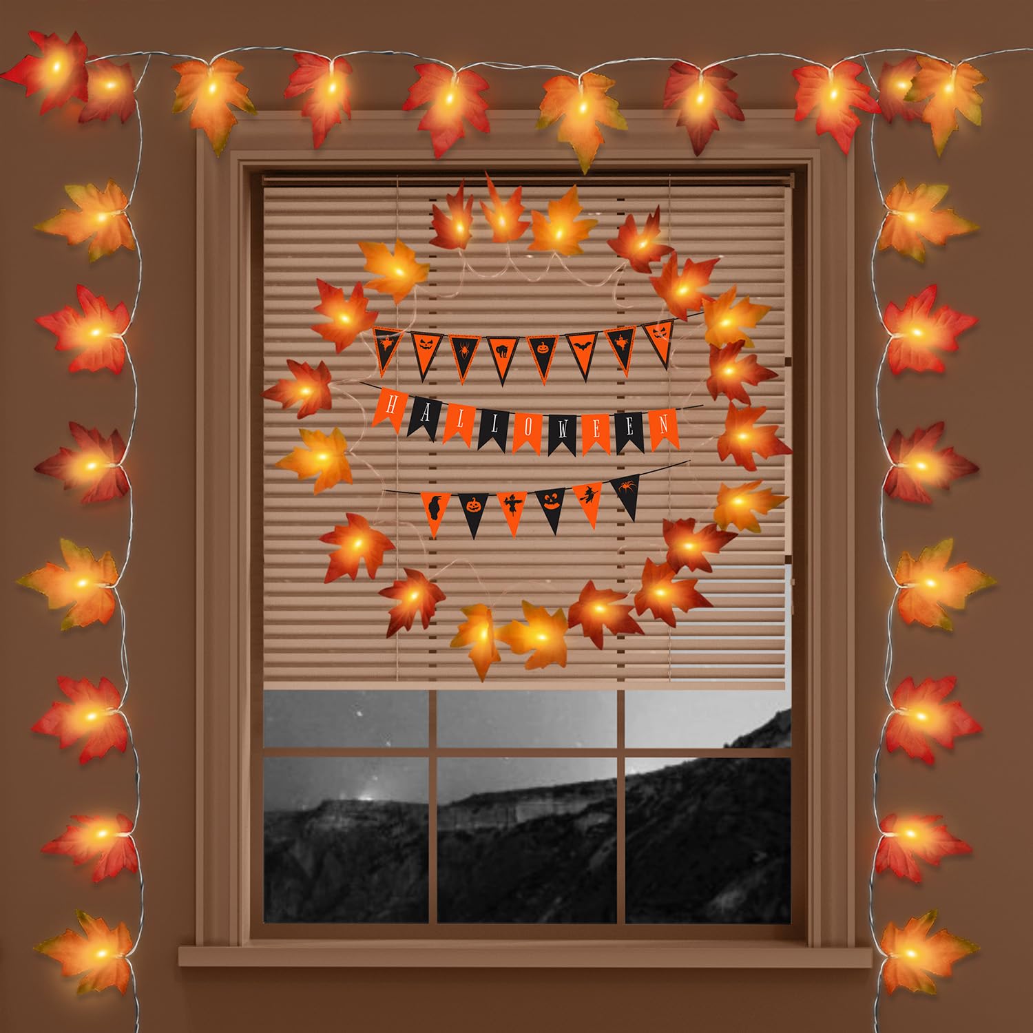 Moocii Fall String Lights - 20ft Maple Leaf Garland, 40 LED Orange Bulbs, Battery Operated Decor for Thanksgiving & Halloween