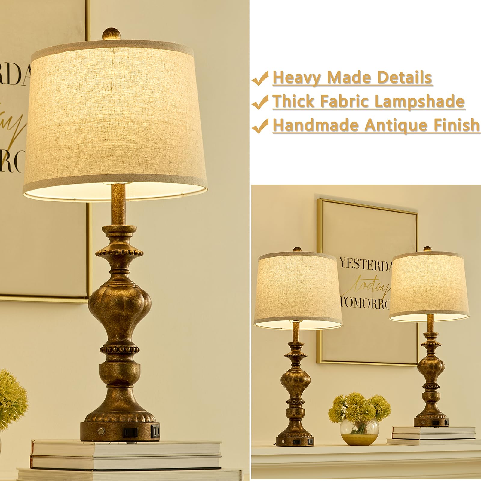 SAIWEYA Table Lamps Set of 2, 27.5in Touch Dimmable with USB C+A Ports & AC Outlet, Copper, Model TM-T03
